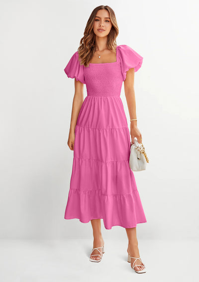 PRETTYGARDEN Women's Summer Casual Midi Dress Puffy Short Sleeve Square Neck Smocked Tiered Ruffle Dresses