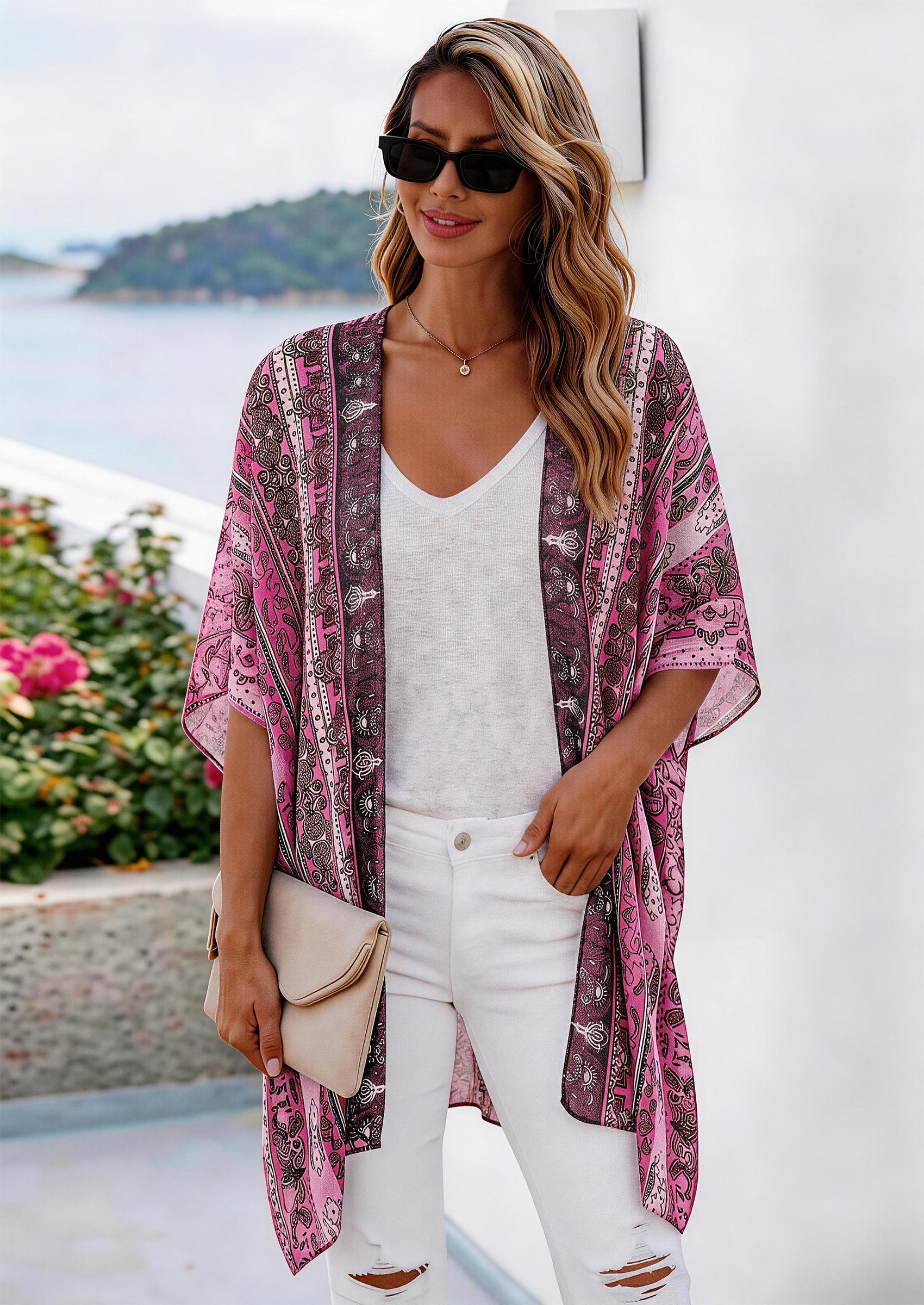 PRETTYGARDEN Summer Kimonos for Women Boho Floral Short Sleeve Kimono Cardigans Swimsuit Beach Cover Ups for Women Swimwear PRETTYGARDEN