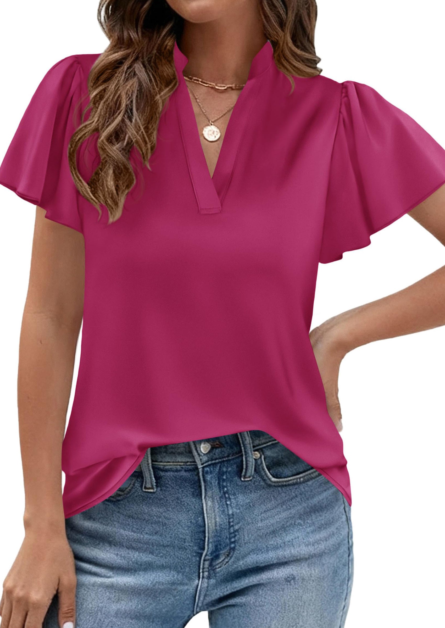 PRETTYGARDEN Women's Summer Blouses Dressy Casual Ruffle Cap Sleeve V Neck Business Work Trendy Cute Tops Spring Outfits PRETTYGARDEN