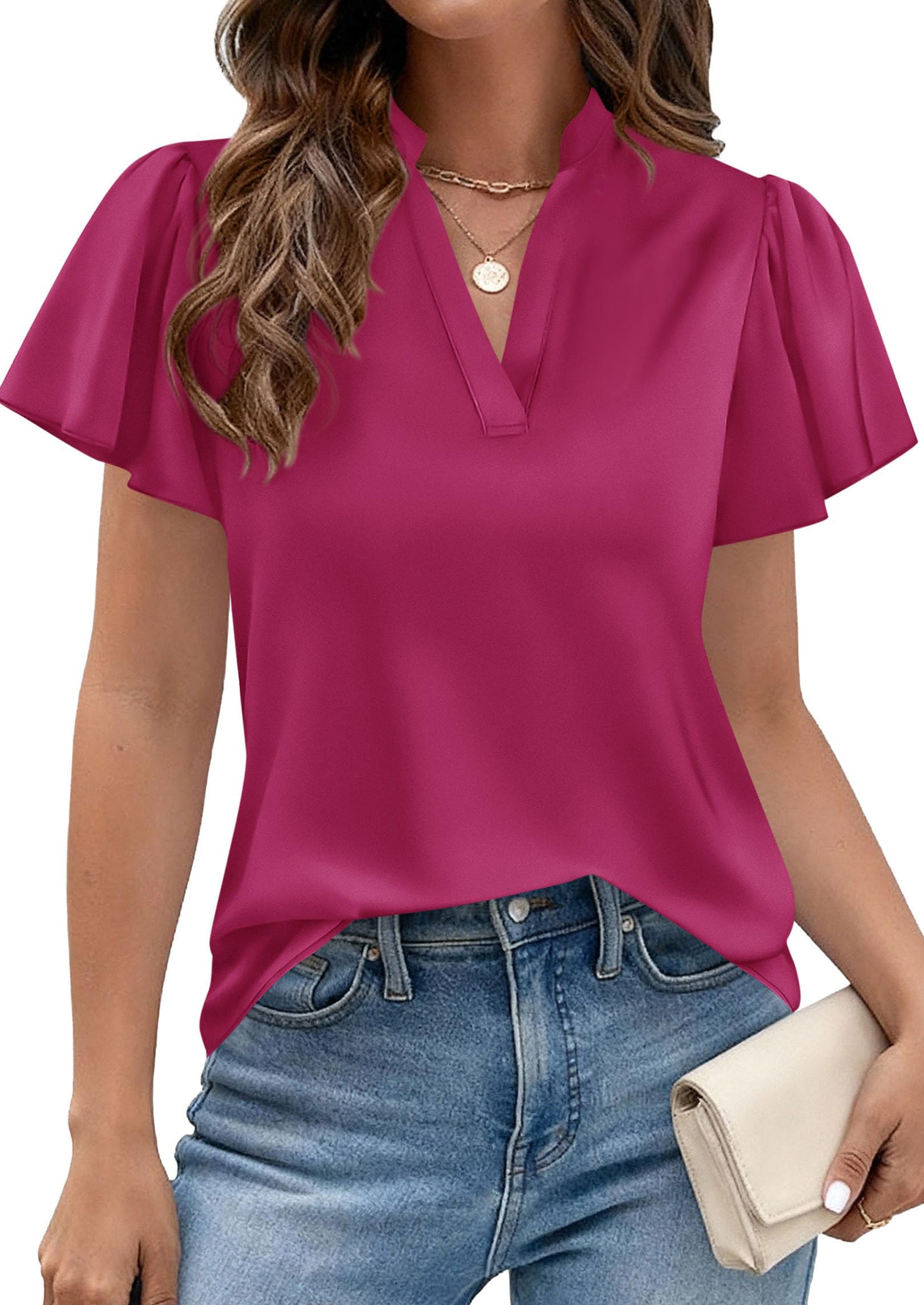 PRETTYGARDEN Women's Summer Blouses Dressy Casual Ruffle Cap Sleeve V Neck Business Work Trendy Cute Tops Spring Outfits PRETTYGARDEN
