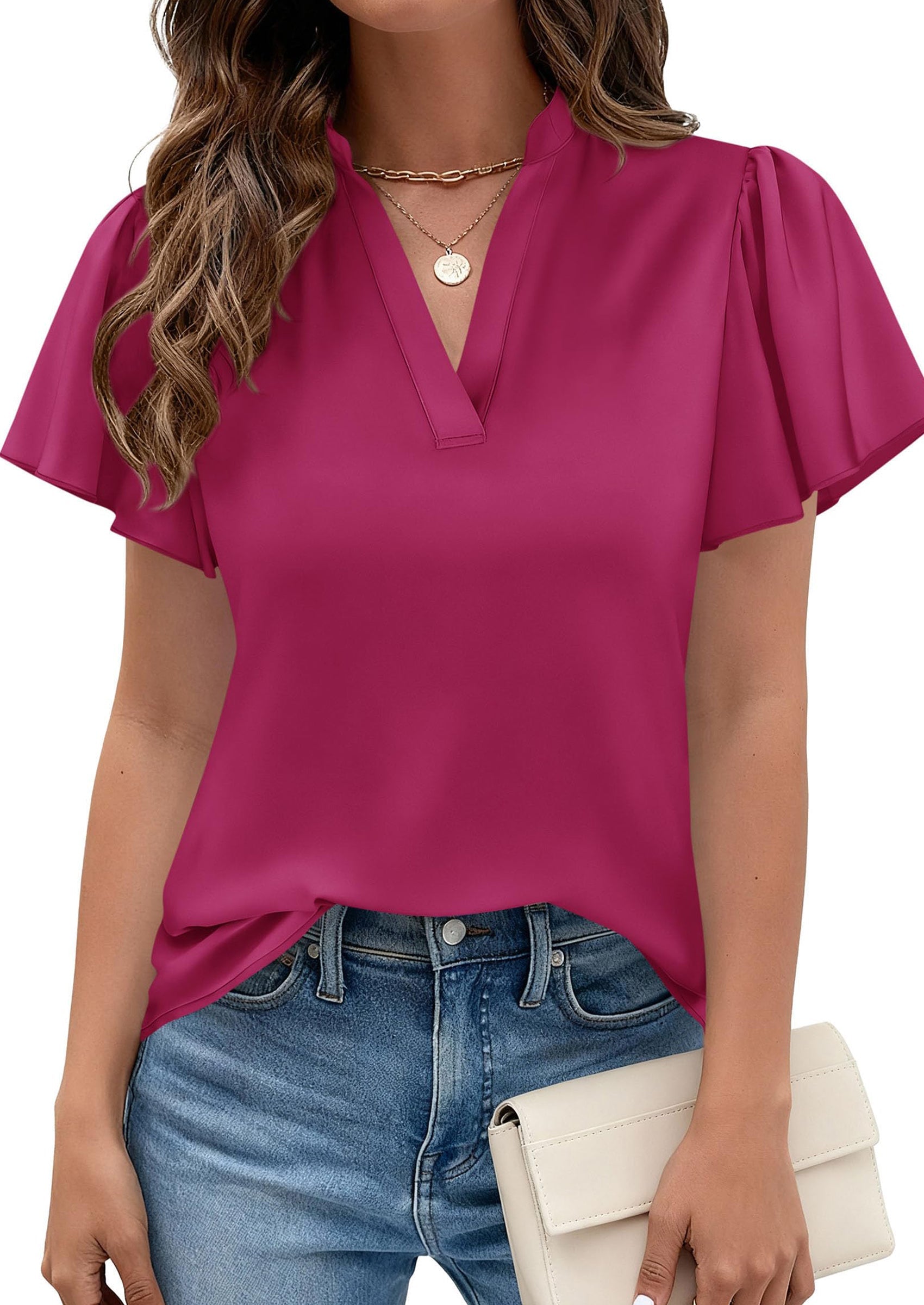 PRETTYGARDEN Women's Summer Blouses Dressy Casual Ruffle Cap Sleeve V Neck Business Work Trendy Cute Tops Spring Outfits PRETTYGARDEN