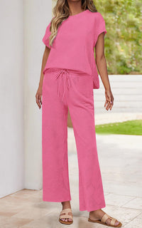 PRETTYGARDEN 2 Piece Outfits For Women Casual Tracksuit Short Sleeve Tops And Wide Leg Long Pants Matching Lounge Sets