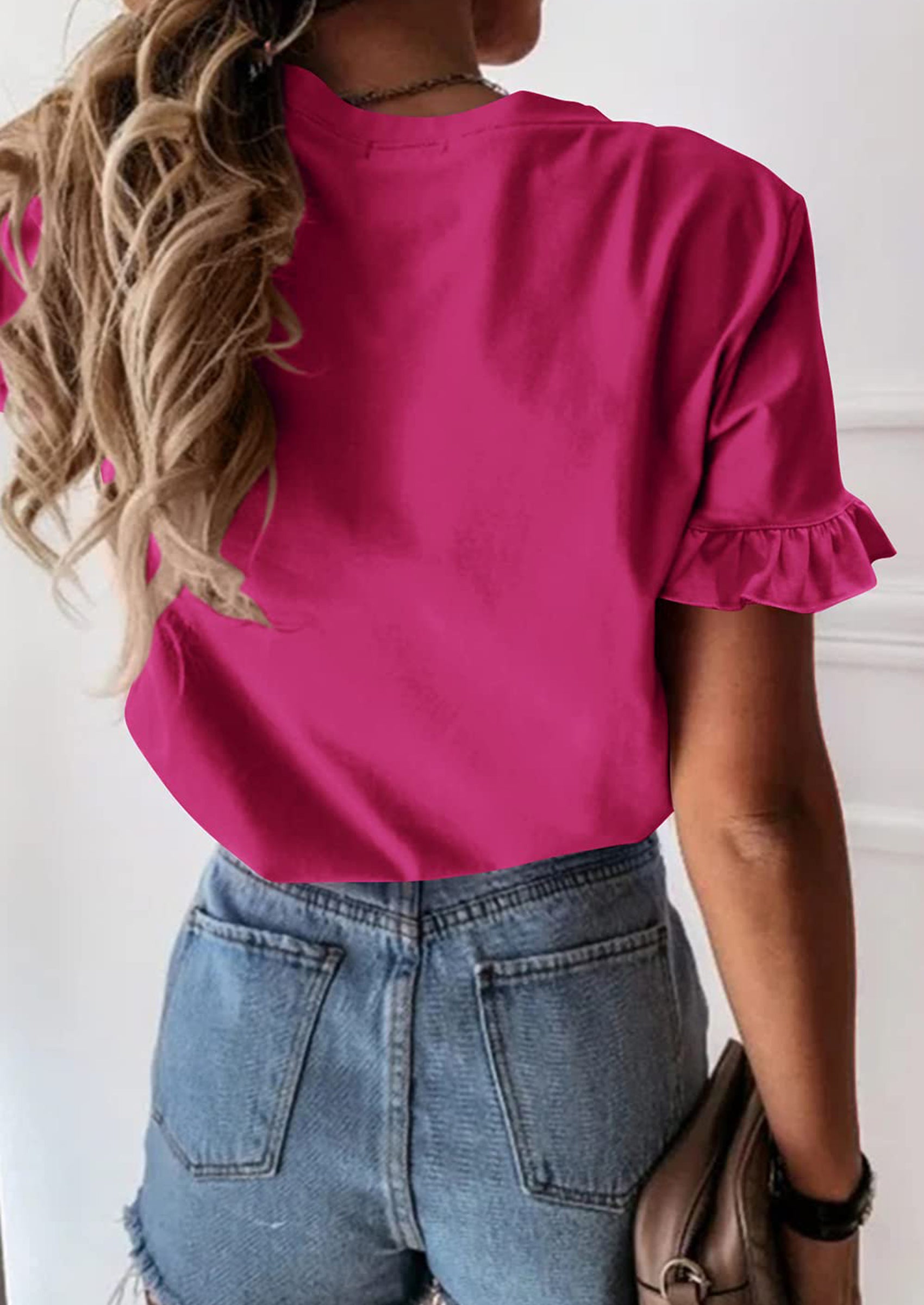 PRETTYGARDEN Women's Short Sleeve Casual T Shirts Summer Ruffle Plain Round Neck Loose Fit Tee Blouse Tops