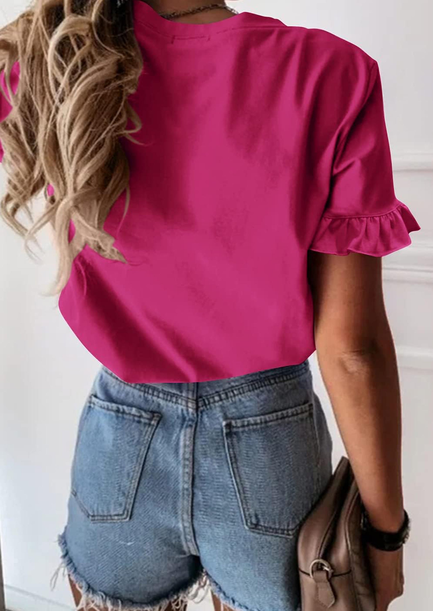 PRETTYGARDEN Women's Short Sleeve Casual T Shirts Summer Ruffle Plain Round Neck Loose Fit Tee Blouse Tops PRETTYGARDEN