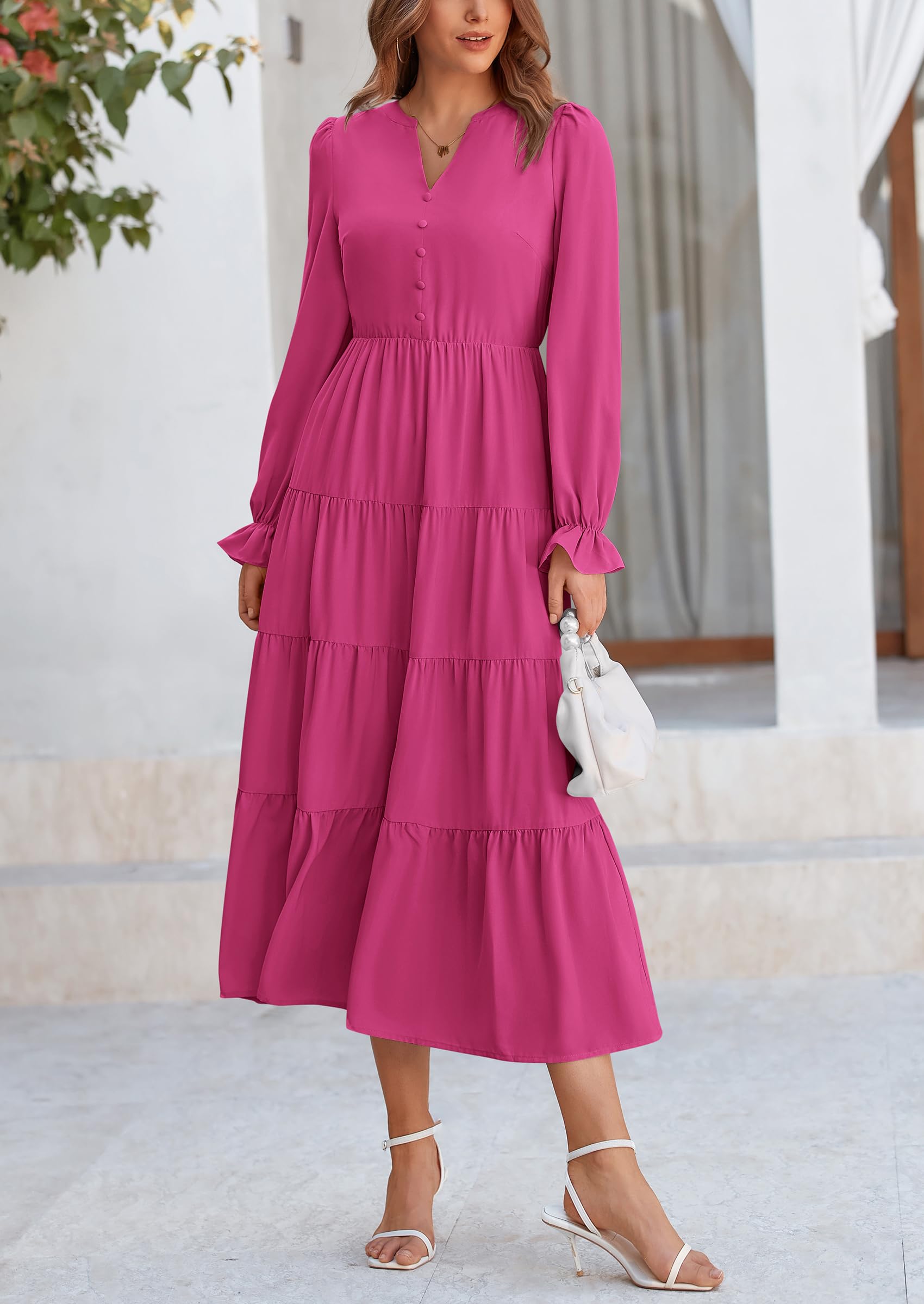 PRETTYGARDEN Women Fall Long Sleeve Smocked Maxi Dress Casual Square Neck Swiss Dot Tiered Ruffle Flowy Spring Pocket Dresses