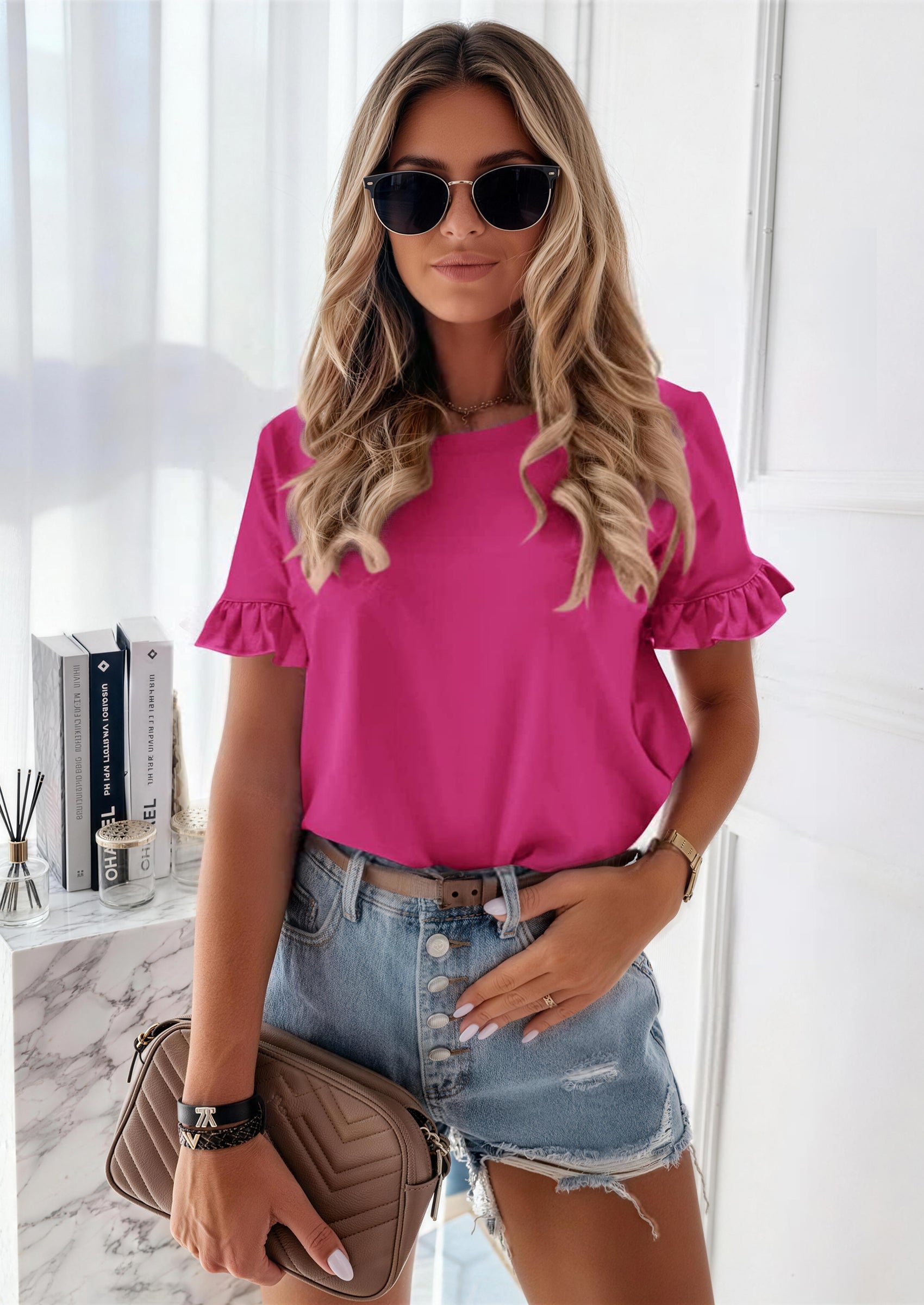 PRETTYGARDEN Women's Short Sleeve Casual T Shirts Summer Ruffle Plain Round Neck Loose Fit Tee Blouse Tops PRETTYGARDEN