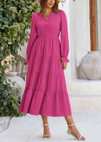 PRETTYGARDEN Women Fall Long Sleeve Smocked Maxi Dress Casual Square Neck Swiss Dot Tiered Ruffle Flowy Spring Pocket Dresses