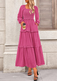 PRETTYGARDEN Women Fall Long Sleeve Smocked Maxi Dress Casual Square Neck Swiss Dot Tiered Ruffle Flowy Spring Pocket Dresses