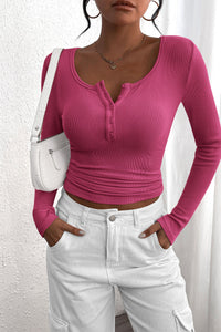 PRETTYGARDEN Women's Spring Fall Long Sleeve Henley T Shirts Button Ribbed Knit Slim Fit Casual Basic Tops Blouse