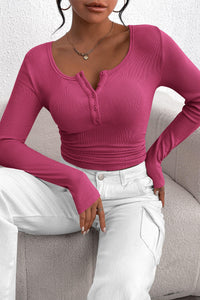 PRETTYGARDEN Women's Spring Fall Long Sleeve Henley T Shirts Button Ribbed Knit Slim Fit Casual Basic Tops Blouse