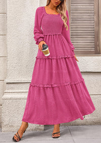 PRETTYGARDEN Women Fall Long Sleeve Smocked Maxi Dress Casual Square Neck Swiss Dot Tiered Ruffle Flowy Spring Pocket Dresses