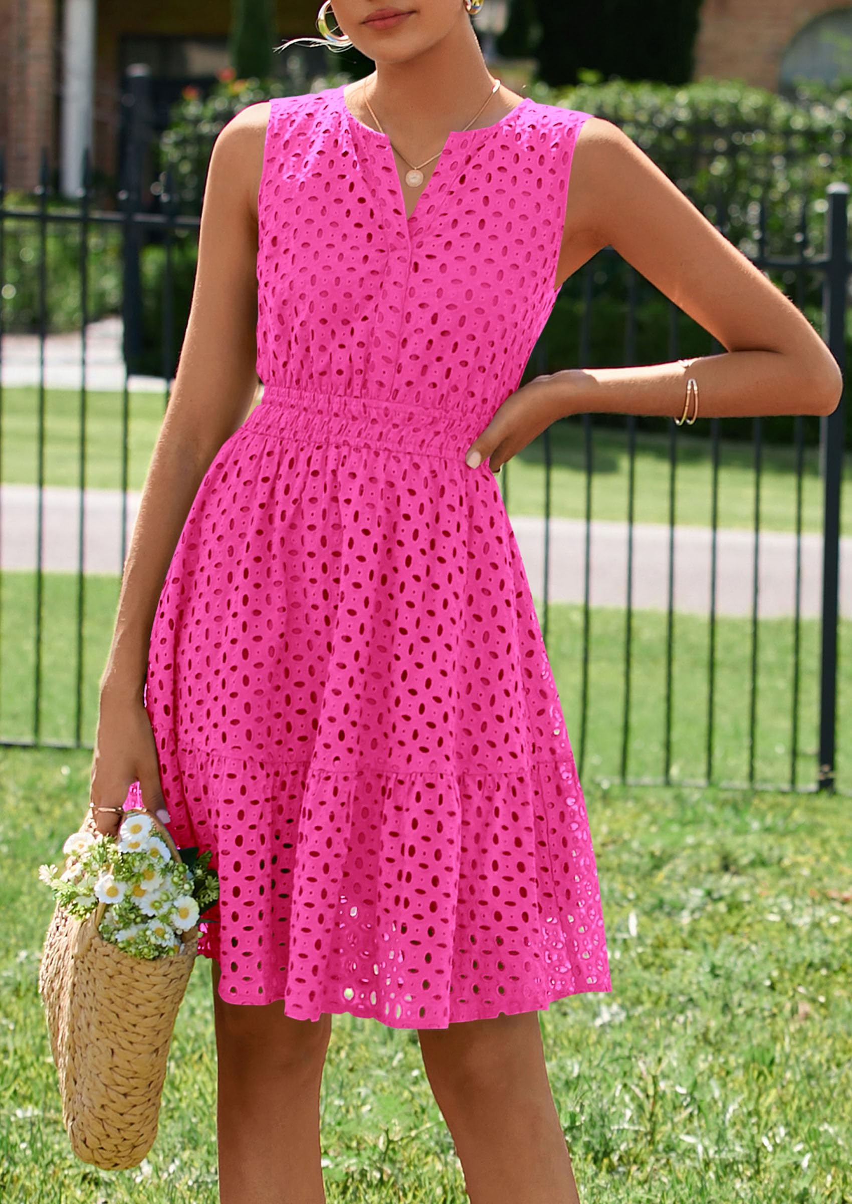 PRETTYGARDEN Women's Summer Dresses Sleeveless V Neck Eyelet Hollow Out Swing A Line Beach Vacation Sun Dress PRETTYGARDEN