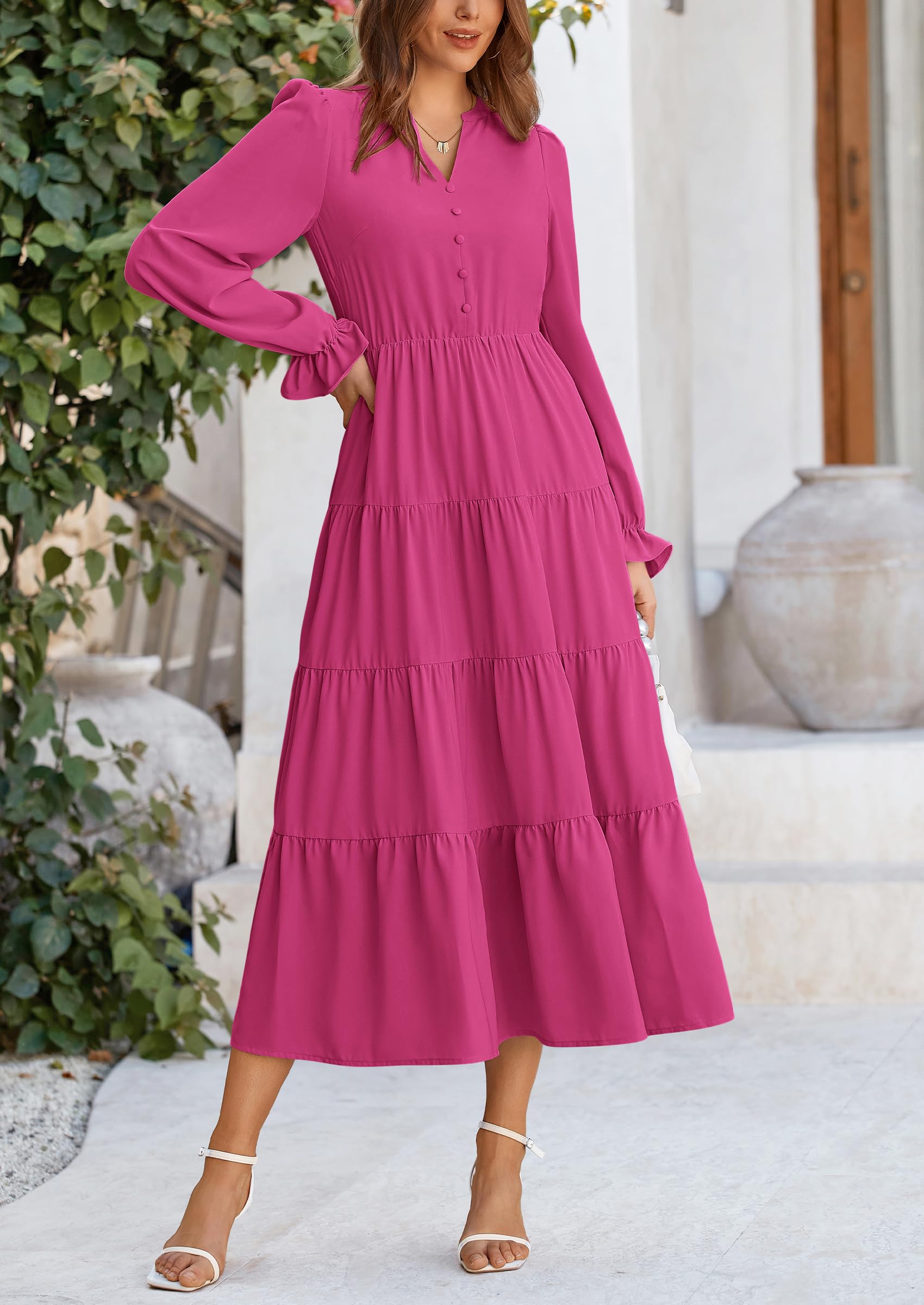 PRETTYGARDEN Women Fall Long Sleeve Smocked Maxi Dress Casual Square Neck Swiss Dot Tiered Ruffle Flowy Spring Pocket Dresses