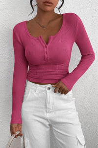 PRETTYGARDEN Women's Spring Fall Long Sleeve Henley T Shirts Button Ribbed Knit Slim Fit Casual Basic Tops Blouse