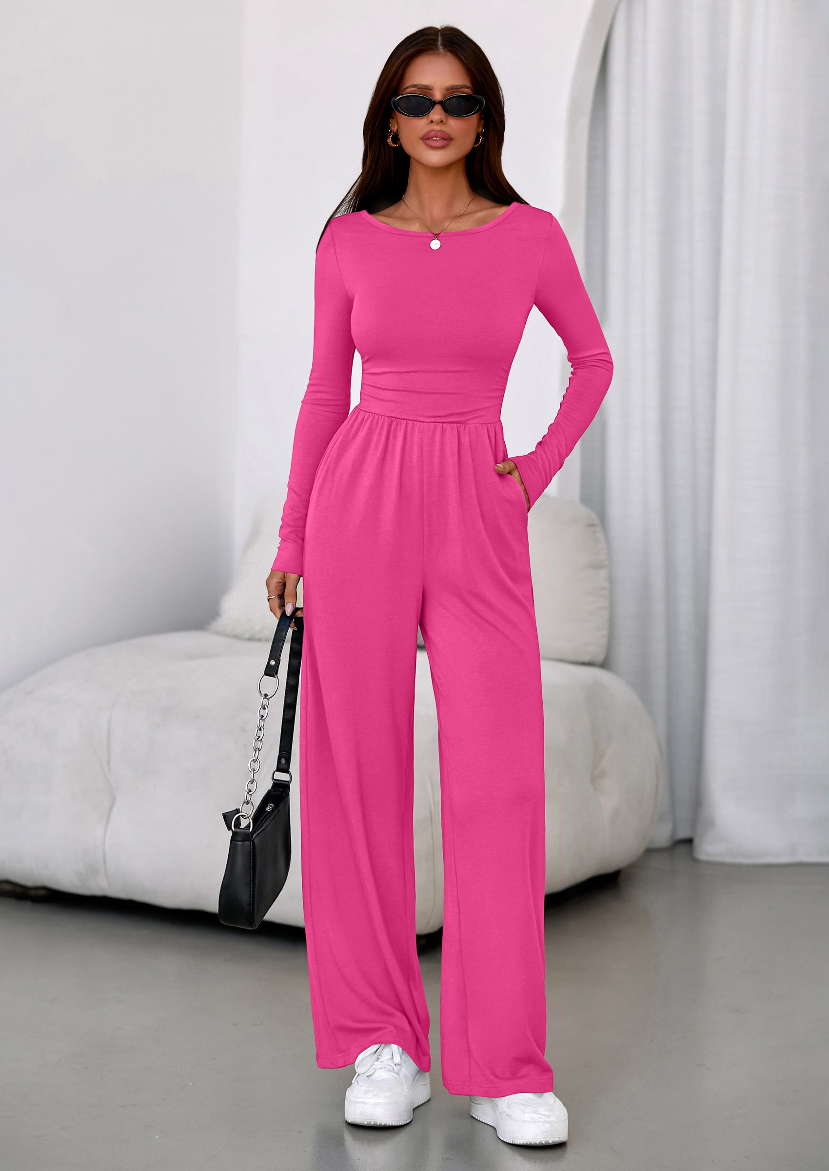 PRETTYGARDEN One Piece Jumpsuits for Women Dressy Casual Long Sleeve Crewneck Wide Leg Romper Overalls Spring Outfits