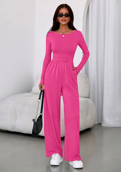 PRETTYGARDEN One Piece Jumpsuits for Women Dressy Casual Long Sleeve Crewneck Wide Leg Romper Overalls Spring Outfits