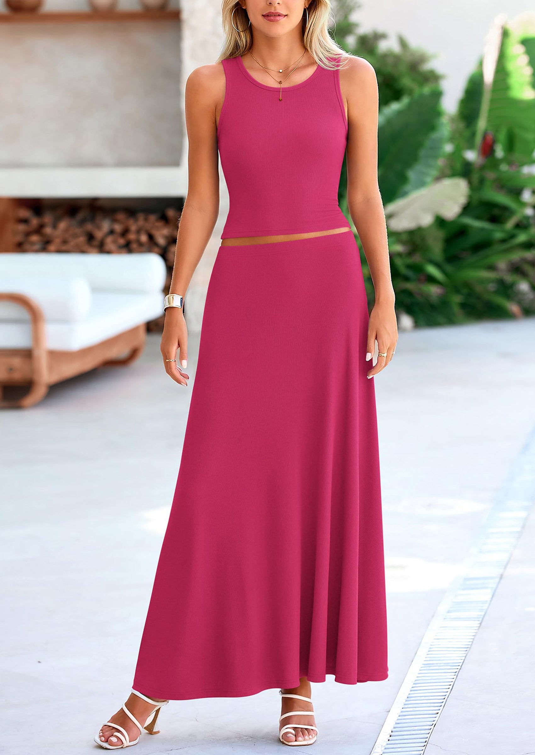 PRETTYGARDEN 2 Piece Maxi Skirt Sets Casual Knit Cropped Tank Top High Waisted Long Skirts Outfit