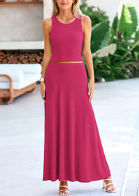 PRETTYGARDEN 2 Piece Maxi Skirt Sets Casual Knit Cropped Tank Top High Waisted Long Skirts Outfit
