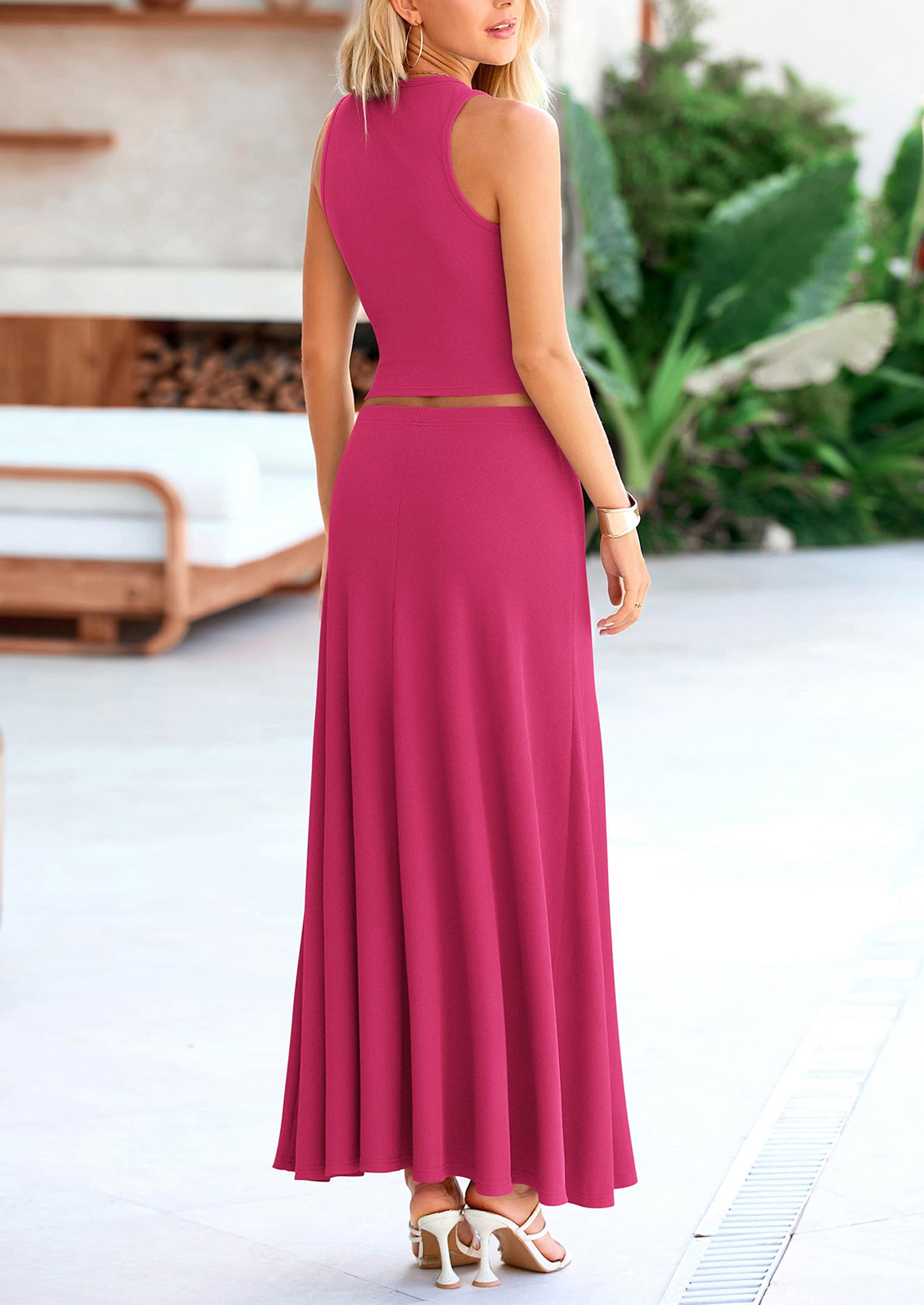 PRETTYGARDEN 2 Piece Maxi Skirt Sets Casual Knit Cropped Tank Top High Waisted Long Skirts Outfit