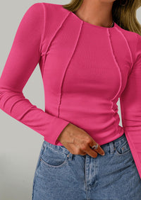 KIRUNDO Ribbed Long Sleeve Tops for Women Stretch Slim Basic Crop Tee Exposed Seams Spring Fall Fashion Trendy Tshirt