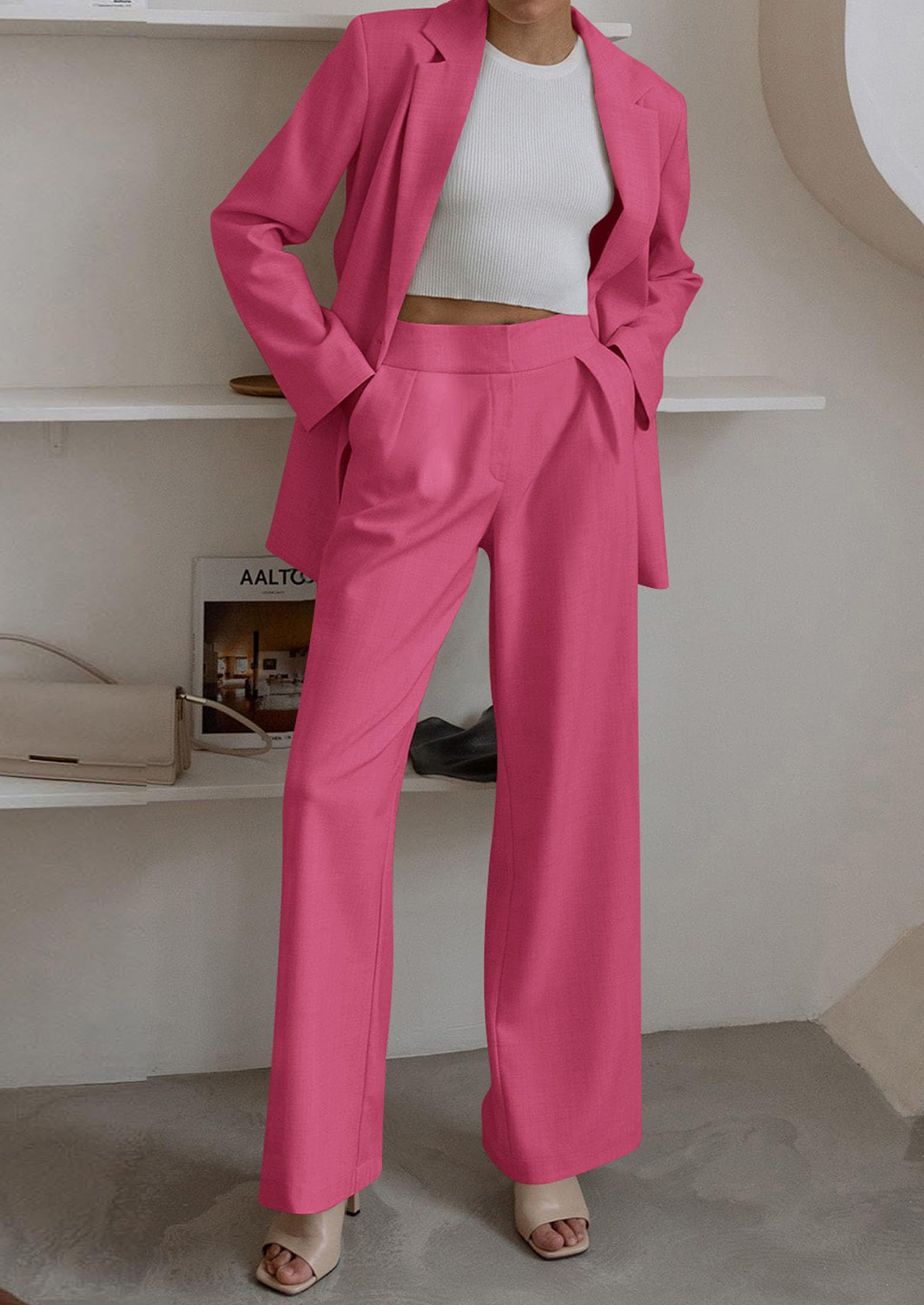 PRETTYGARDEN Women's Fall Two Piece Outfits Dressy Blazer Jacket and Wide Leg Pants Pockets Business Casual Office Suit Sets