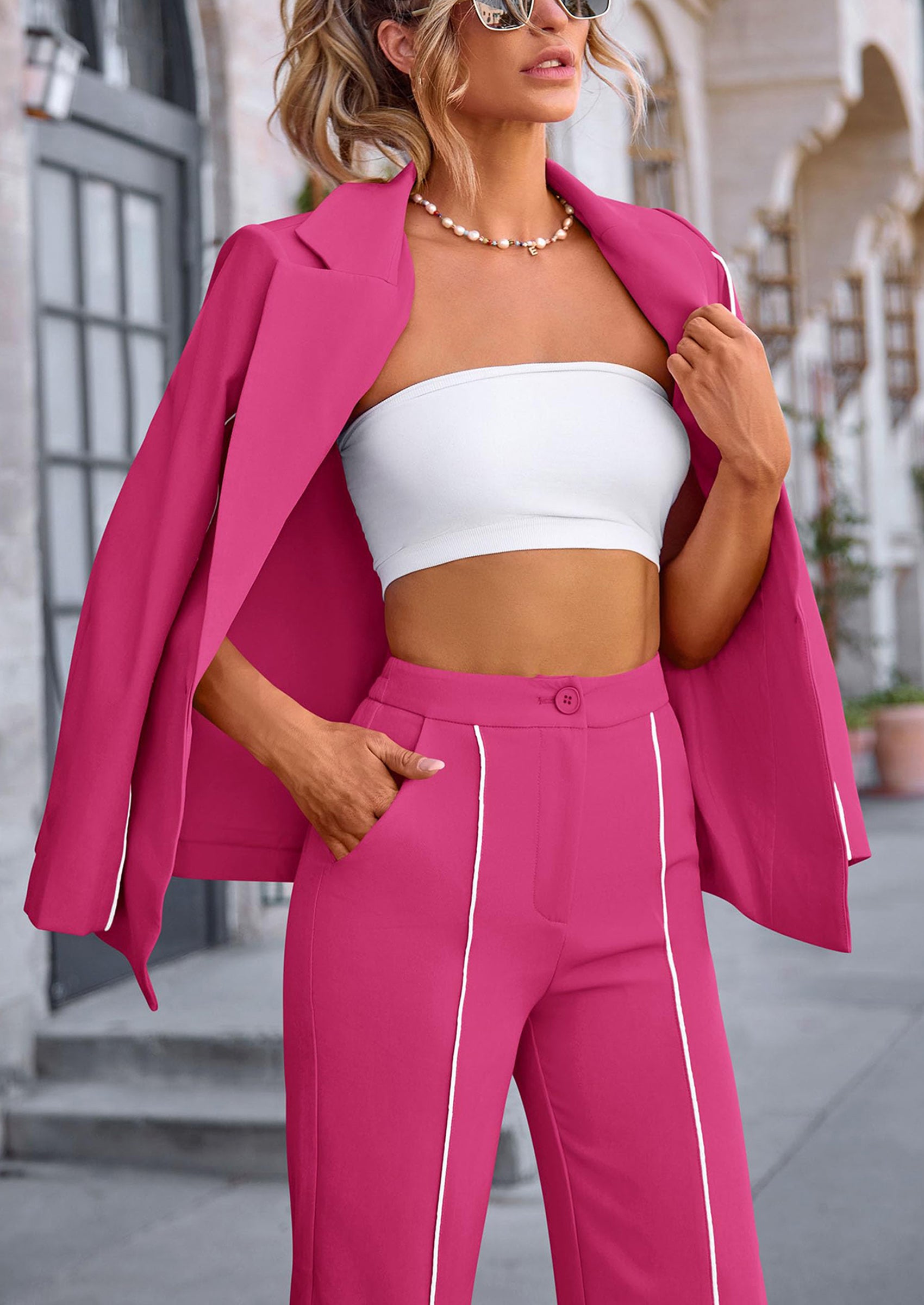 PRETTYGARDEN 2 Piece Blazer Outfits Business Casual Oversized Jacket Wide Leg Work Pants Dressy Suit Set