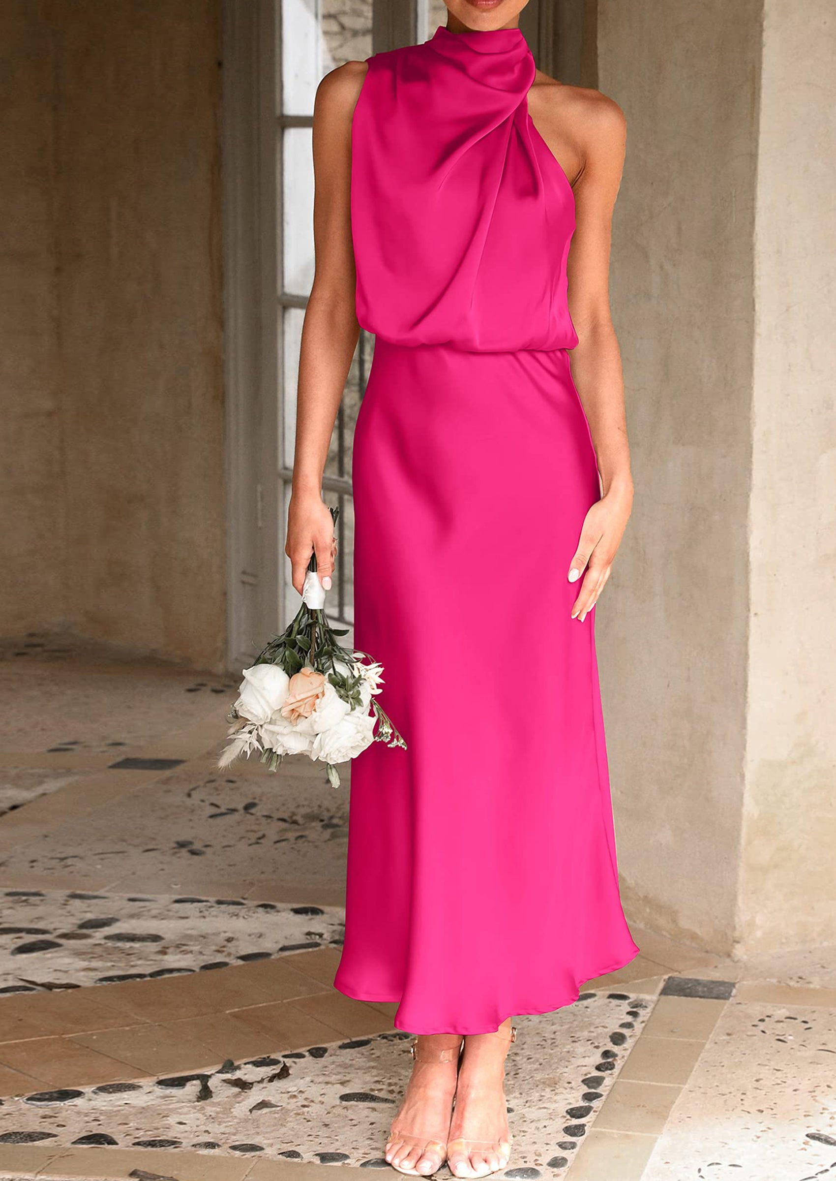 PRETTYGARDEN Women's Summer Satin Dress Elegant Sleeveless Mock Neck Cocktail Party Maxi Dresses