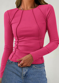 KIRUNDO Ribbed Long Sleeve Tops for Women Stretch Slim Basic Crop Tee Exposed Seams Spring Fall Fashion Trendy Tshirt