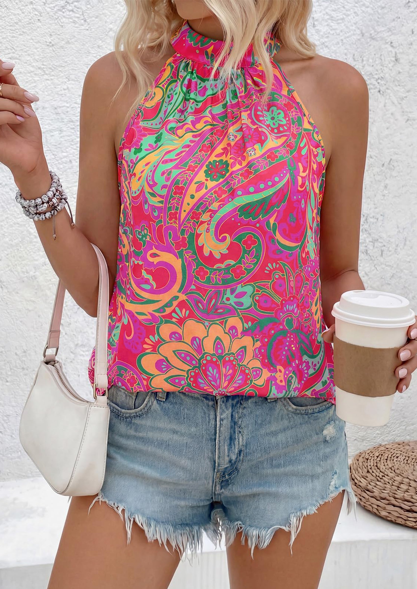 PRETTYGARDEN Halter Tops for Women Summer High Neck Boho Tank Top Sleeveless Beach Vacation Clothes Casual Blouse Shirts PRETTYGARDEN