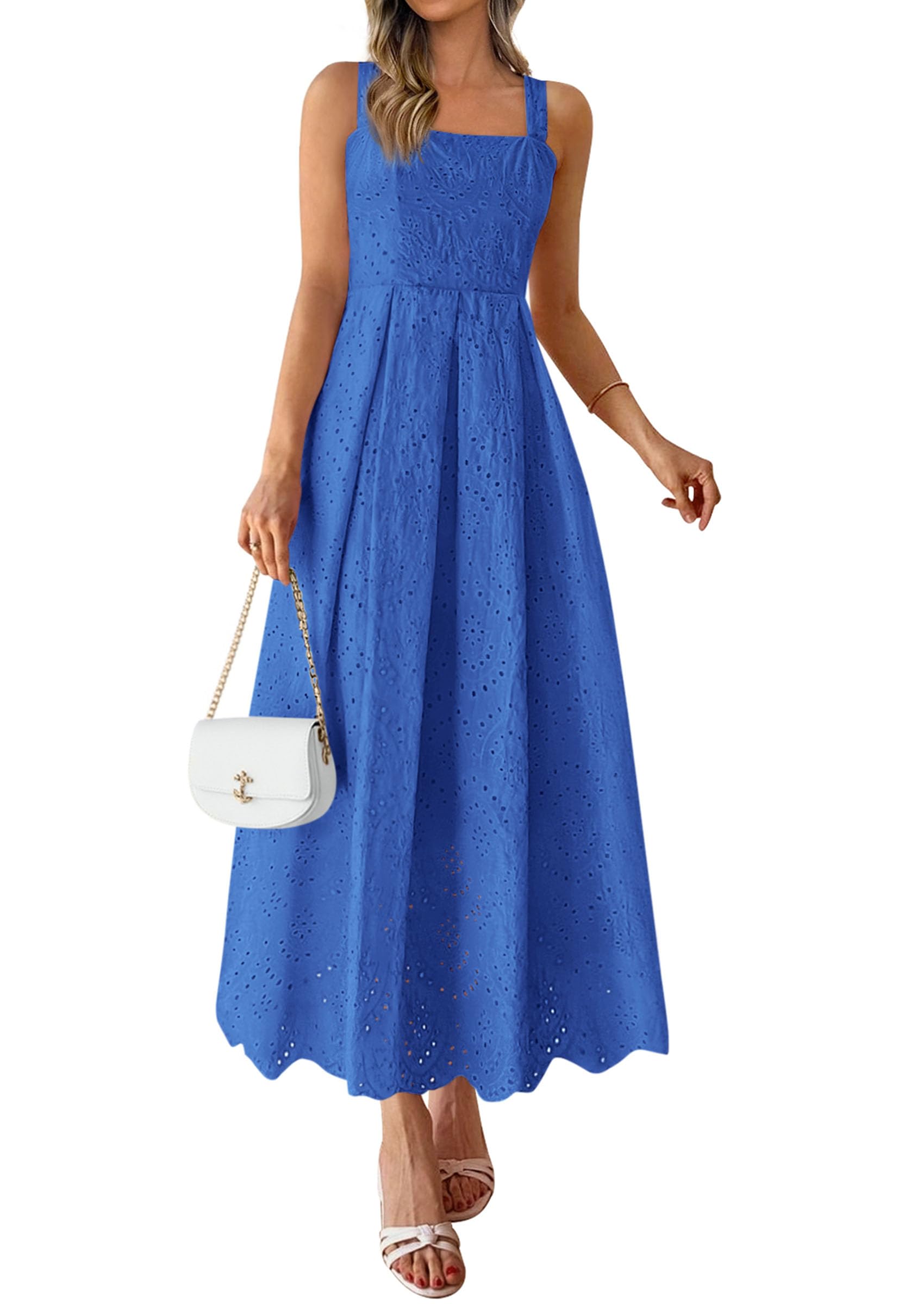 PRETTYGARDEN Womens Sleeveless Maxi Summer Dresses Hollow Out Eyelet Square Neck Ruffle Flowy Beach Vacation Sundress PRETTYGARDEN