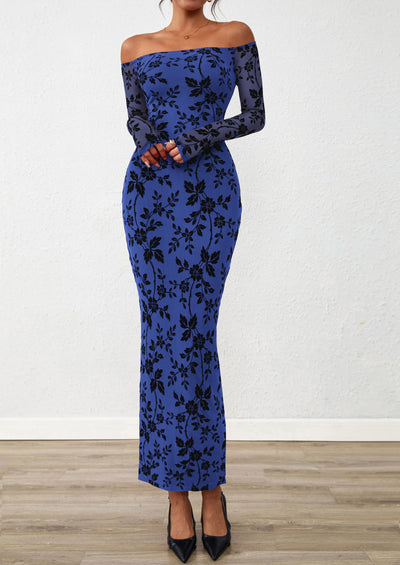 PRETTYGARDEN Womens Off The Shoulder Floral Maxi Bodycon Dress Fall Long Sleeve Mesh Fitted Long Formal Wedding Guest Dresses PRETTYGARDEN