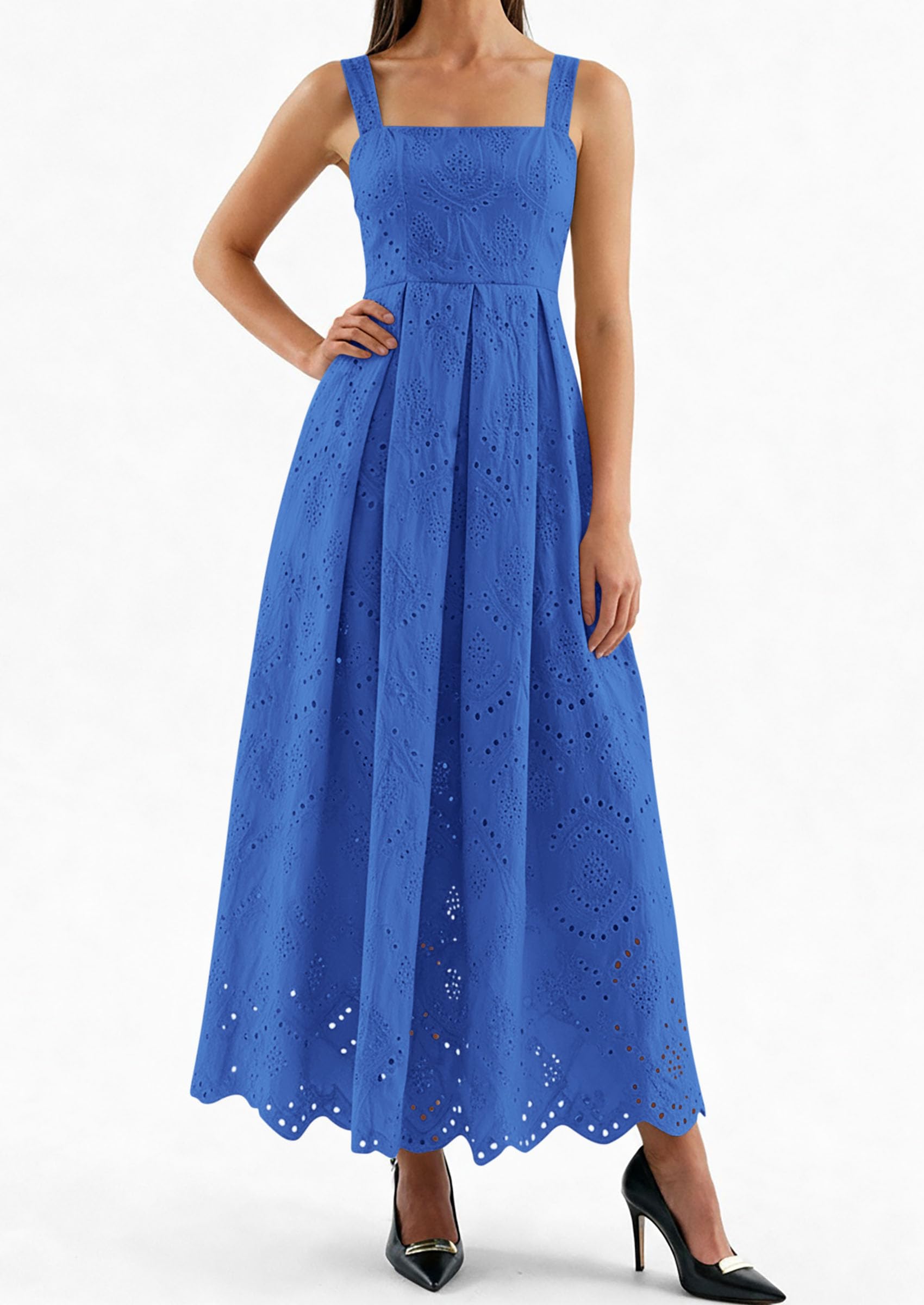 PRETTYGARDEN Womens Sleeveless Maxi Summer Dresses Hollow Out Eyelet Square Neck Ruffle Flowy Beach Vacation Sundress PRETTYGARDEN