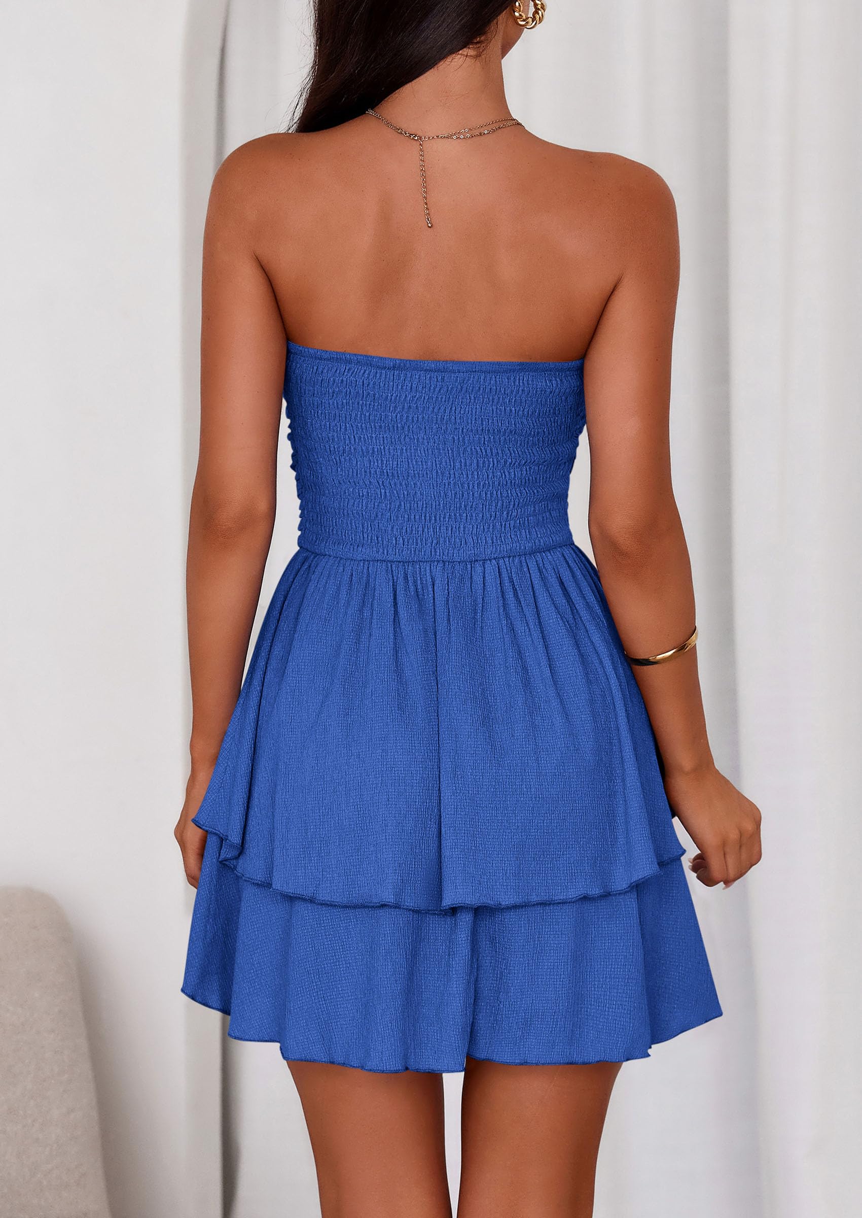 PRETTYGARDEN Women's Summer Strapless Tube Mini Dress Off Shoulder Smocked Ruffle A Line Flowy Short Party Club Dresses