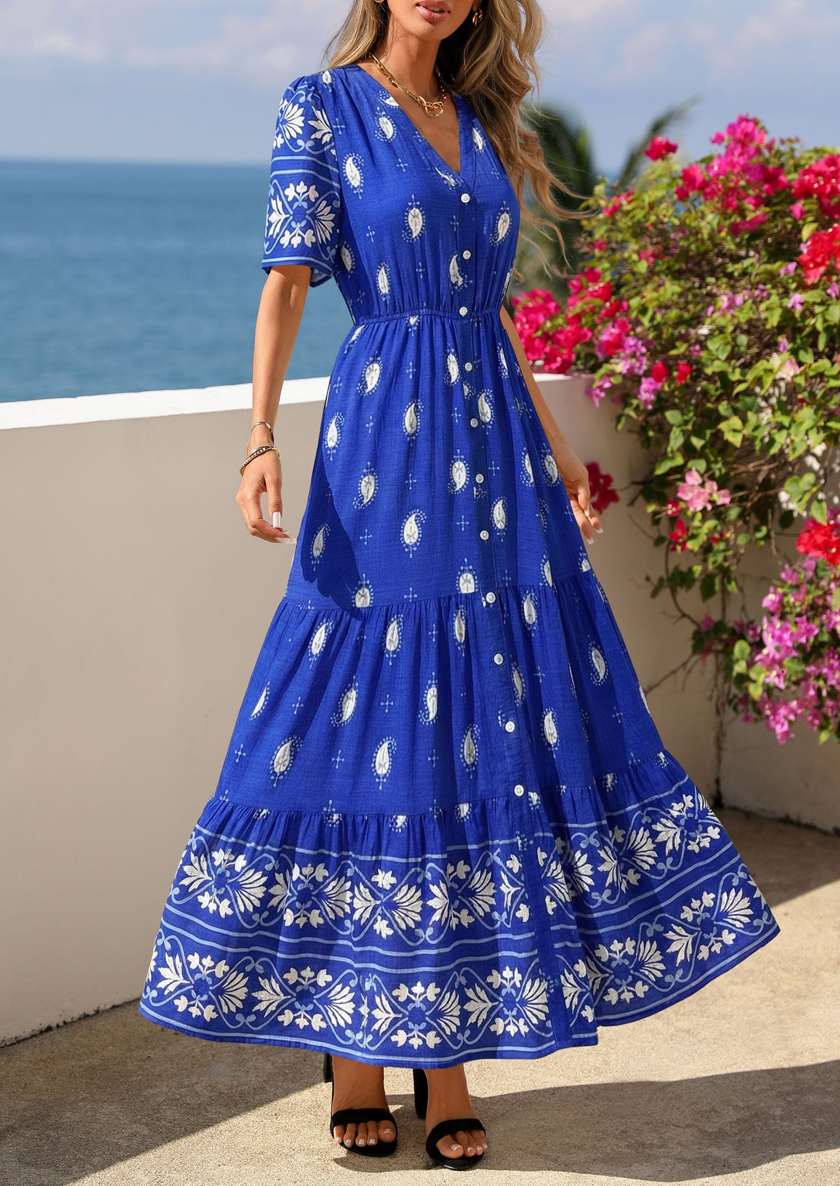 PRETTYGARDEN Womens Summer Boho Maxi Dress Trendy Short Sleeve V Neck Flowy Beach Floral Dresses with Pockets PRETTYGARDEN