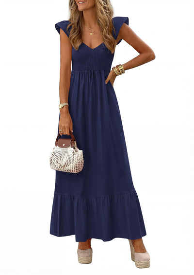 PRETTYGARDEN Women's Summer Casual Maxi Dresses Cap Sleeve V Neck Smocked Long Pockets Party Sundress Vacation Outfits PRETTYGARDEN