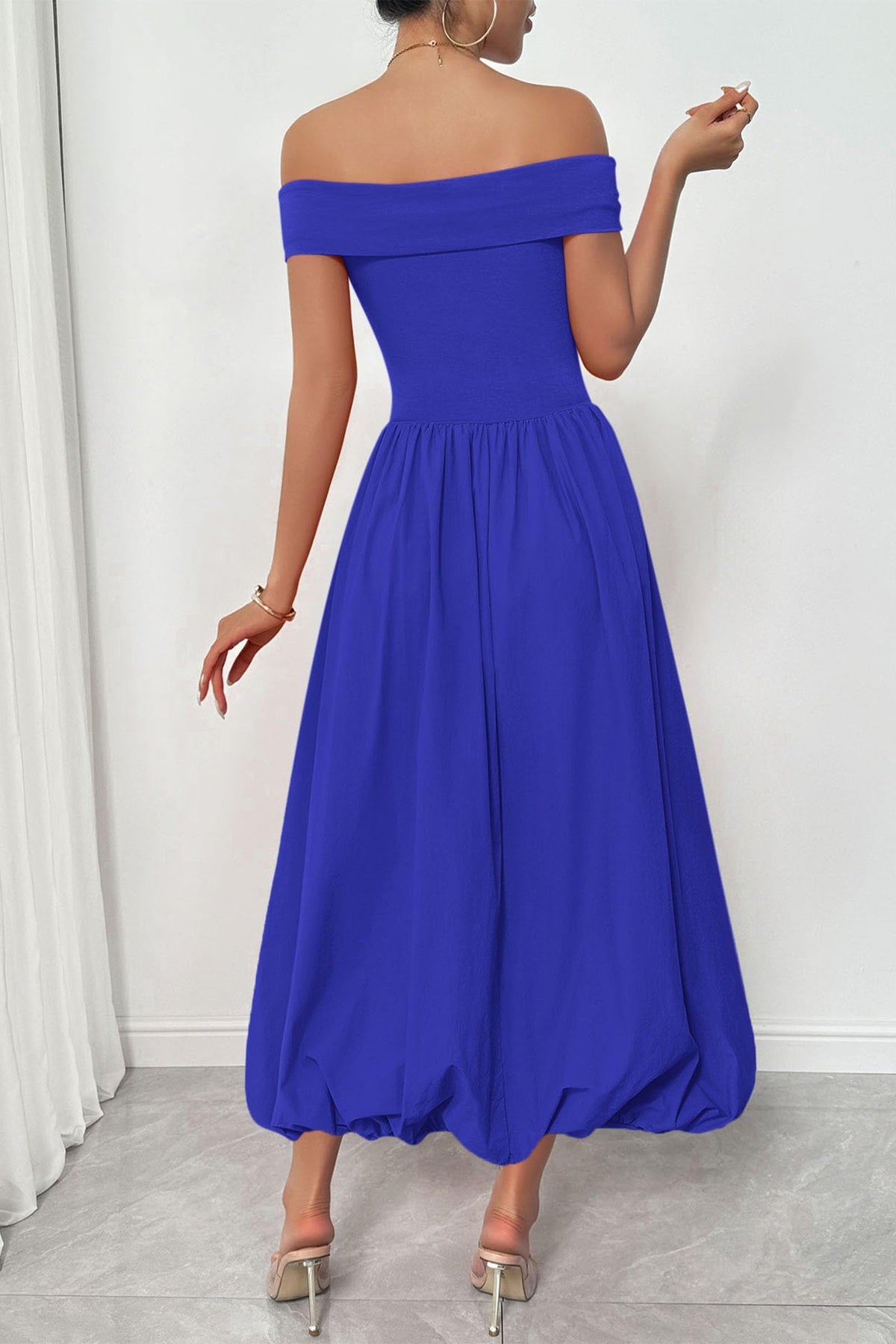 Womens Summer Off Shoulder Sleeveless Midi Dress Cocktail A Line Flowy Wedding Guest Dresses with Pockets