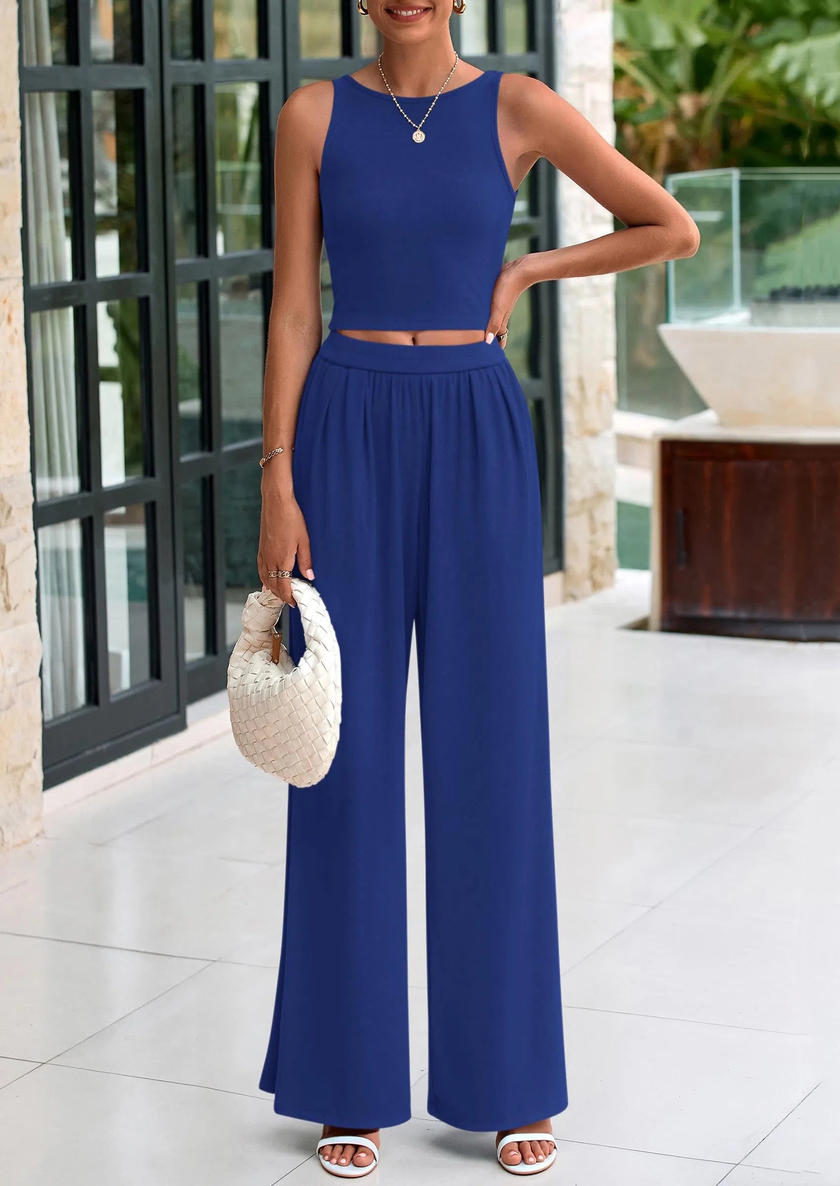 PRETTYGARDEN Two Piece Sets Ribbed Knit Crew Neck Sleeveless Tank Tops Wide Leg Pants Casual Lounge Set