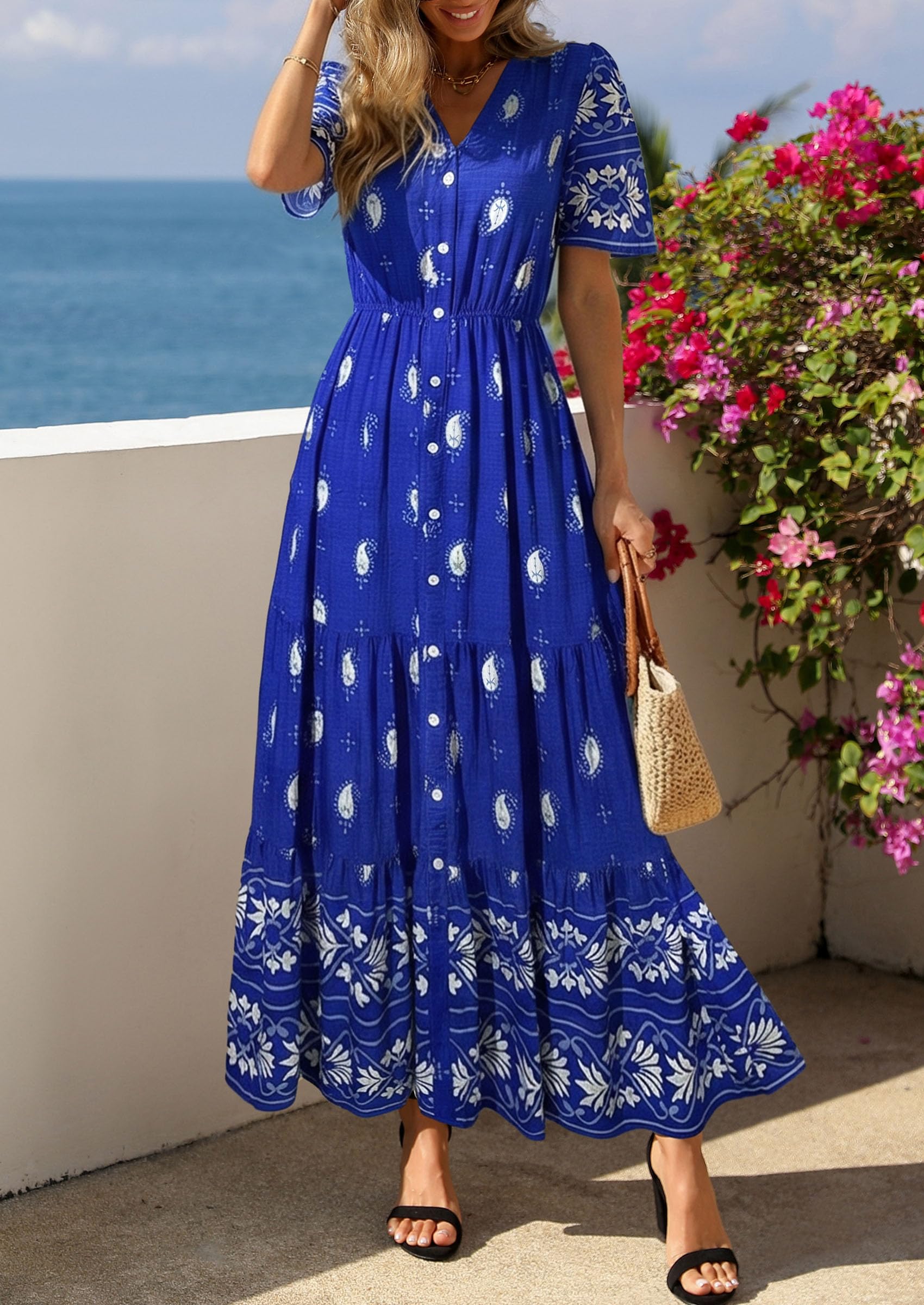 PRETTYGARDEN Womens Summer Boho Maxi Dress Trendy Short Sleeve V Neck Flowy Beach Floral Dresses with Pockets PRETTYGARDEN