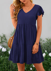 Summer Casual Cap Sleeve V Neck Tiered Ruffle Swing A Line Dresses