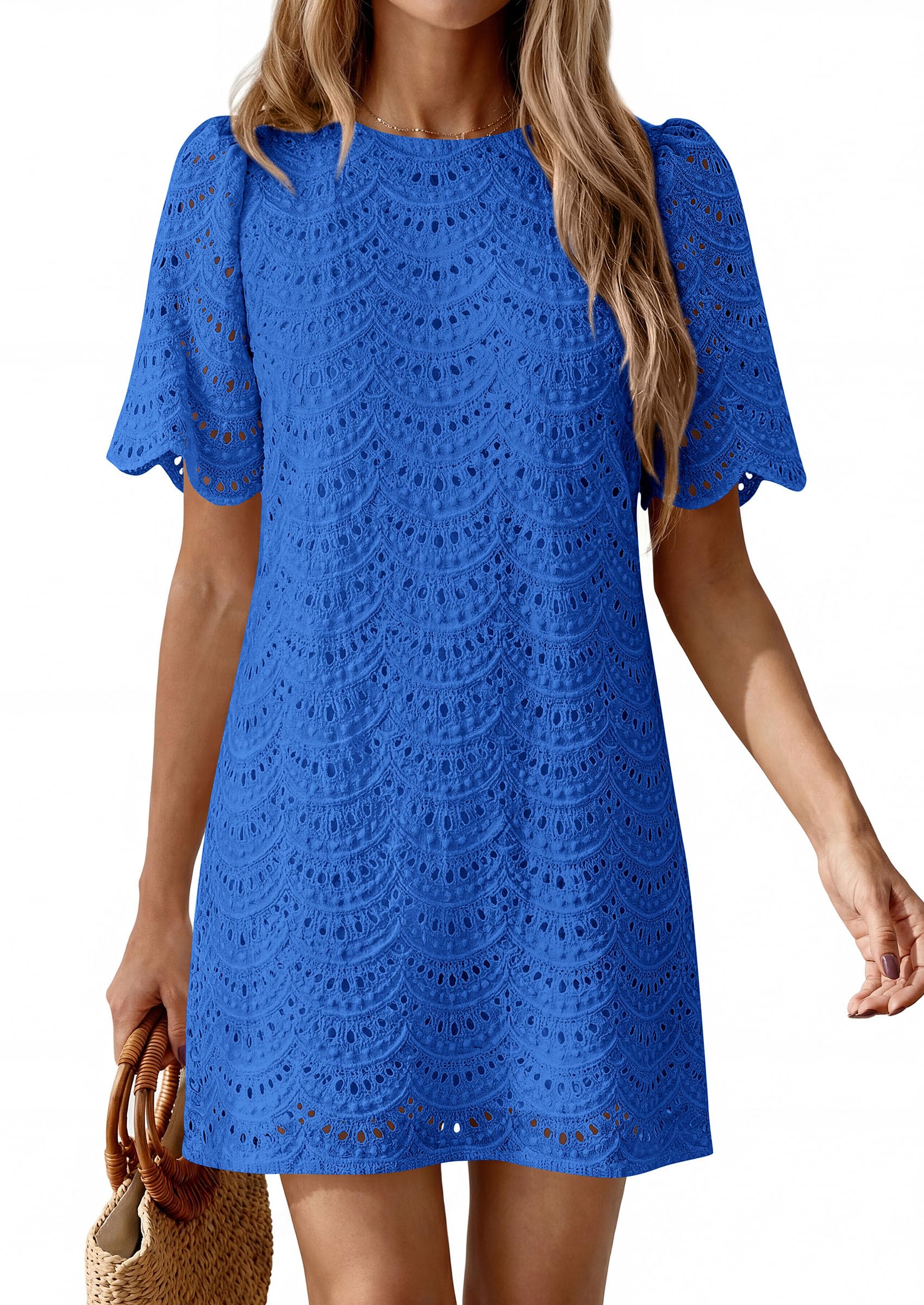 PRETTYGARDEN Women's Summer Casual Short Dresses Embroidered Lace Short Sleeve Boho Mini Dress Beach Vacation Clothes PRETTYGARDEN