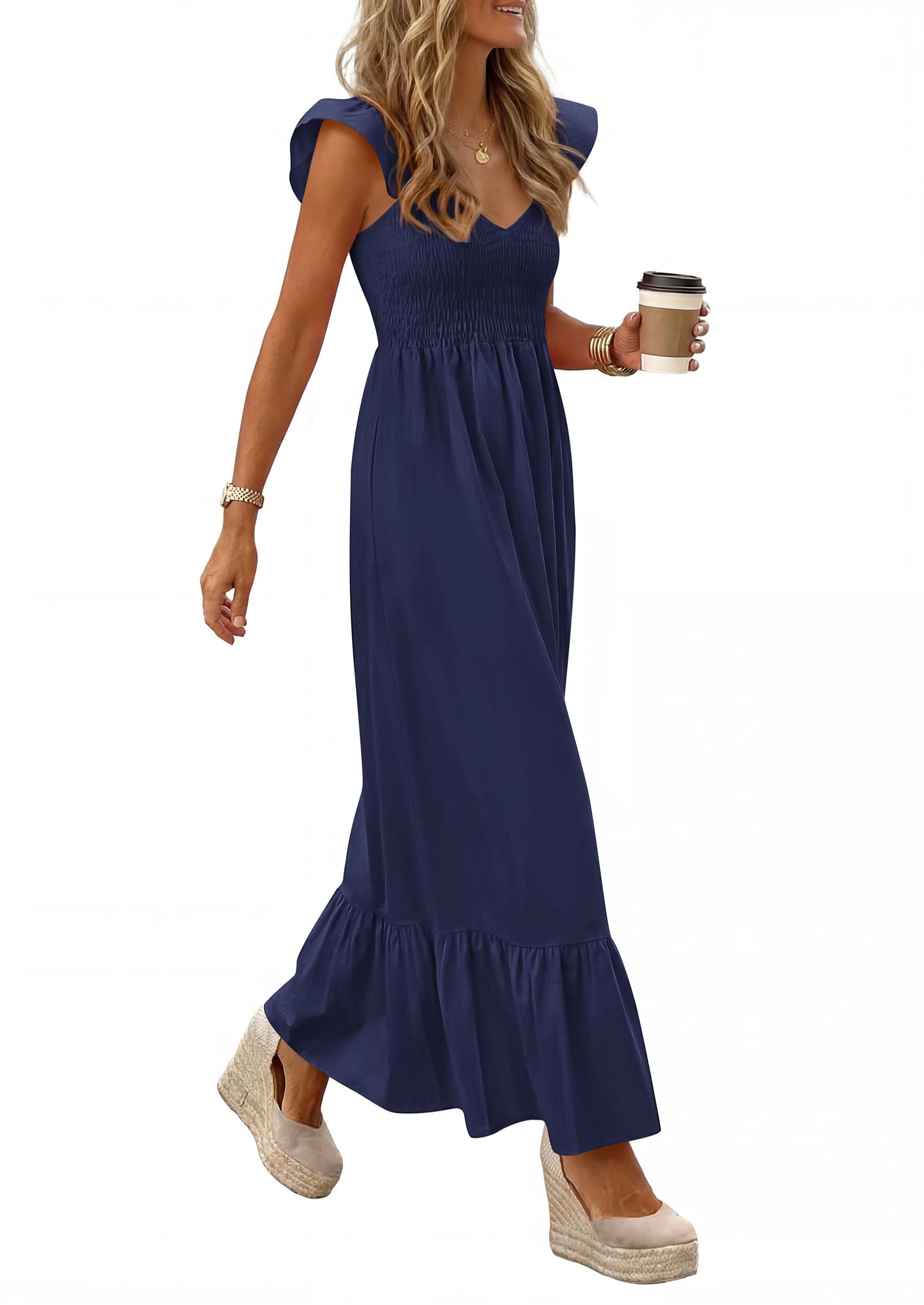 PRETTYGARDEN Women's Summer Casual Maxi Dresses Cap Sleeve V Neck Smocked Long Pockets Party Sundress Vacation Outfits PRETTYGARDEN