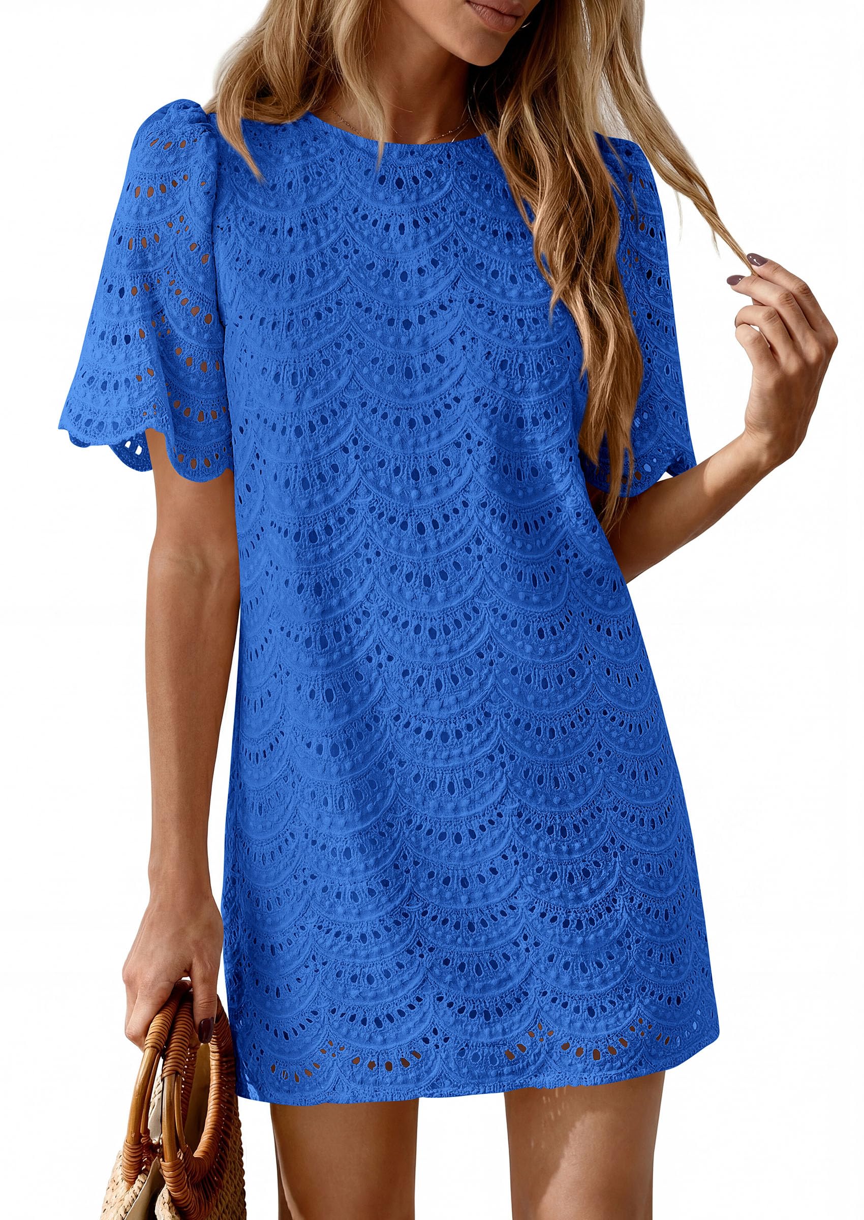 PRETTYGARDEN Women's Summer Casual Short Dresses Embroidered Lace Short Sleeve Boho Mini Dress Beach Vacation Clothes PRETTYGARDEN