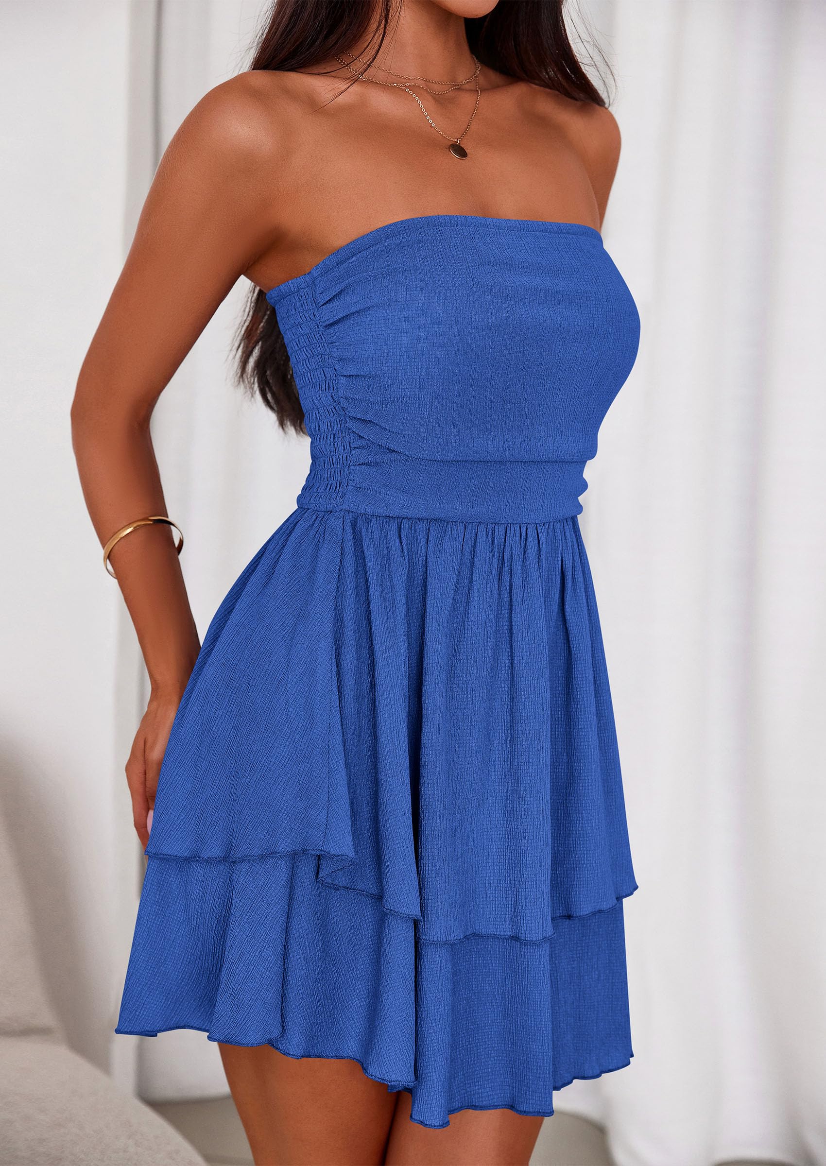 PRETTYGARDEN Women's Summer Strapless Tube Mini Dress Off Shoulder Smocked Ruffle A Line Flowy Short Party Club Dresses