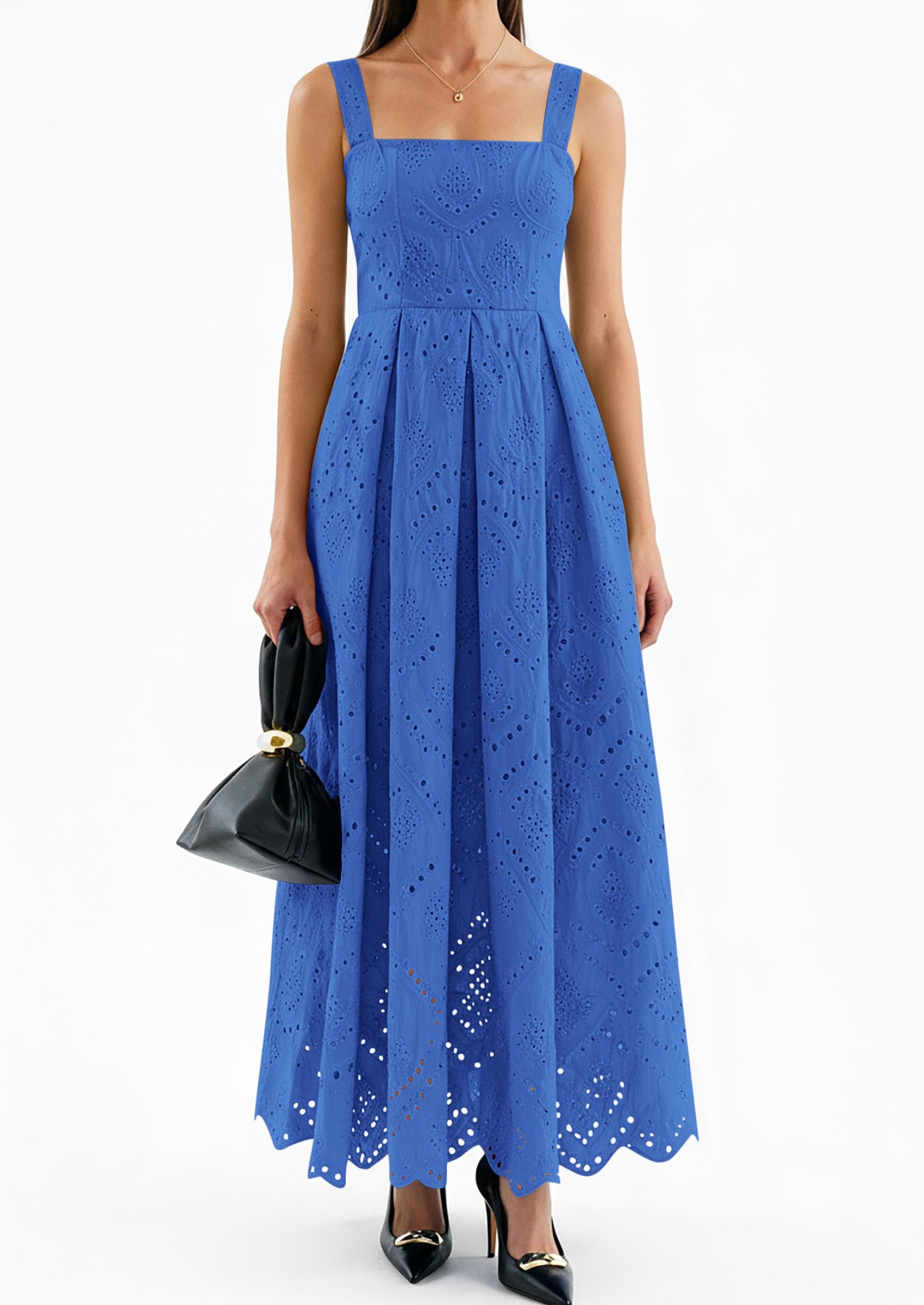 PRETTYGARDEN Womens Sleeveless Maxi Summer Dresses Hollow Out Eyelet Square Neck Ruffle Flowy Beach Vacation Sundress PRETTYGARDEN