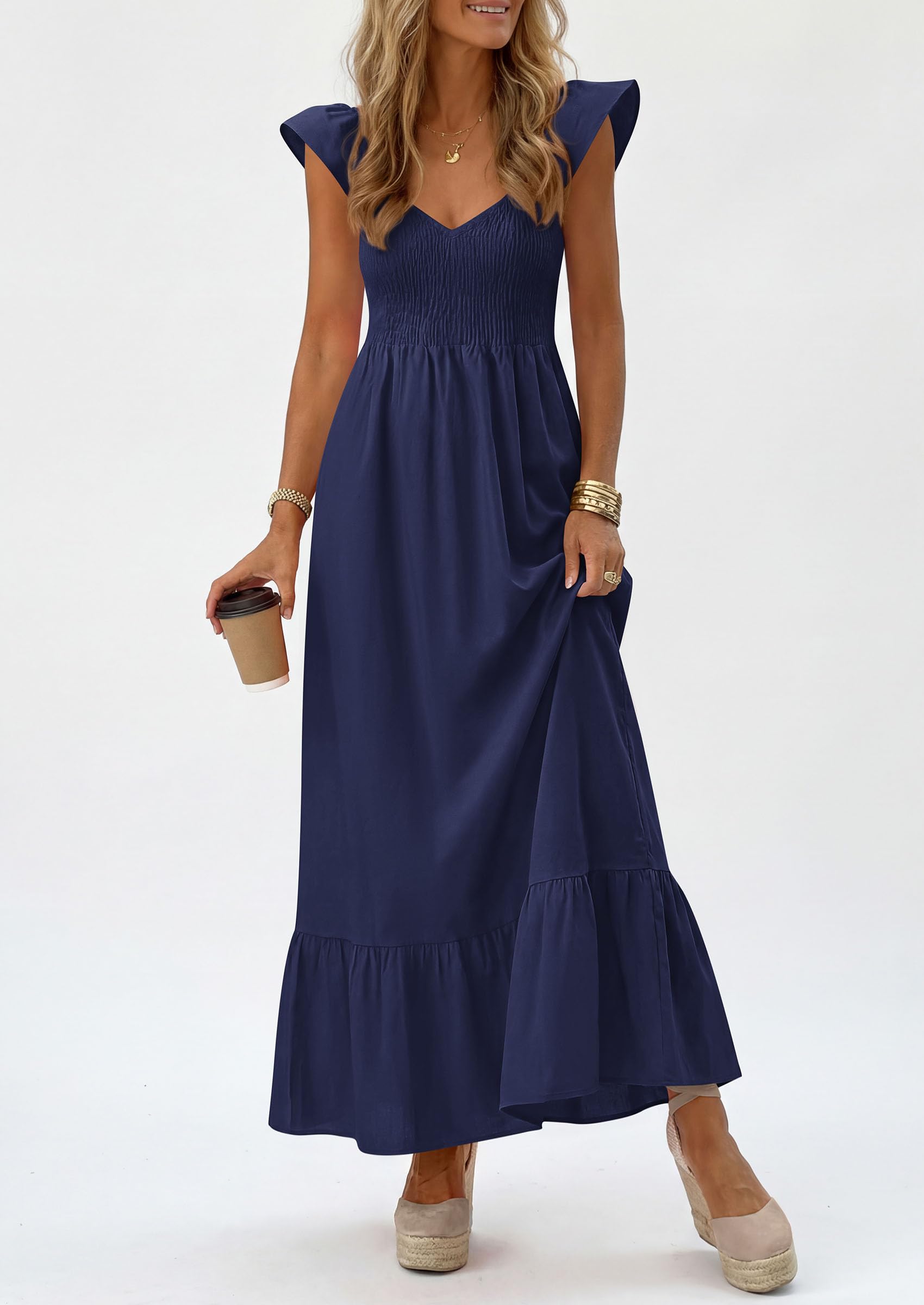 PRETTYGARDEN Women's Summer Casual Maxi Dresses Cap Sleeve V Neck Smocked Long Pockets Party Sundress Vacation Outfits PRETTYGARDEN