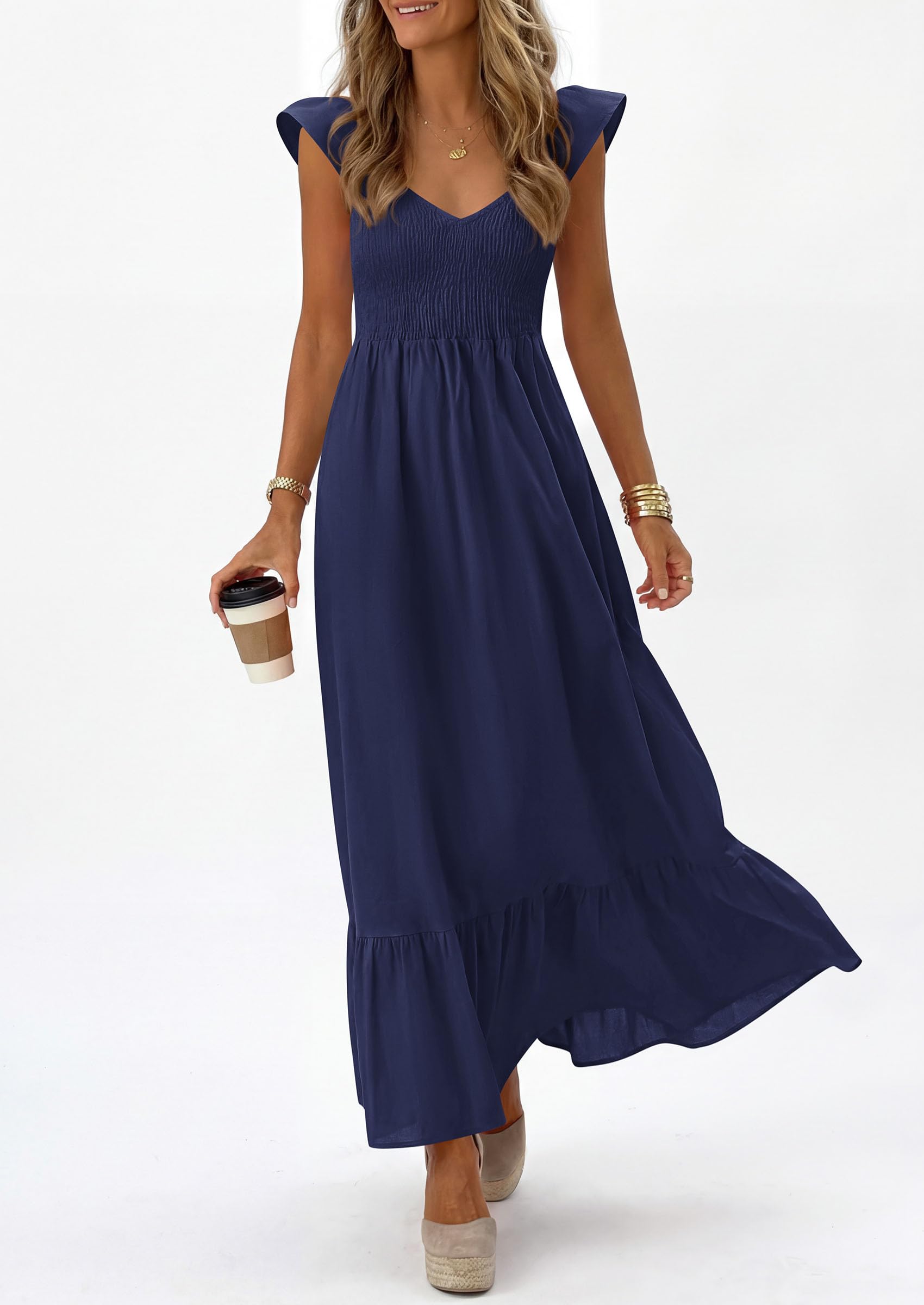 PRETTYGARDEN Women's Summer Casual Maxi Dresses Cap Sleeve V Neck Smocked Long Pockets Party Sundress Vacation Outfits PRETTYGARDEN