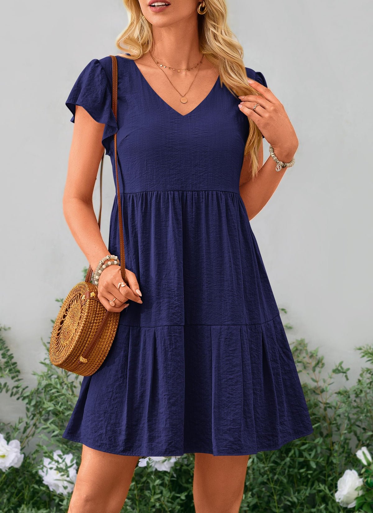 Summer Casual Cap Sleeve V Neck Tiered Ruffle Swing A Line Dresses