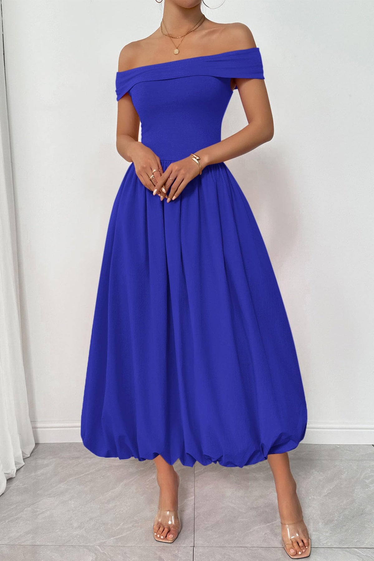 Womens Summer Off Shoulder Sleeveless Midi Dress Cocktail A Line Flowy Wedding Guest Dresses with Pockets