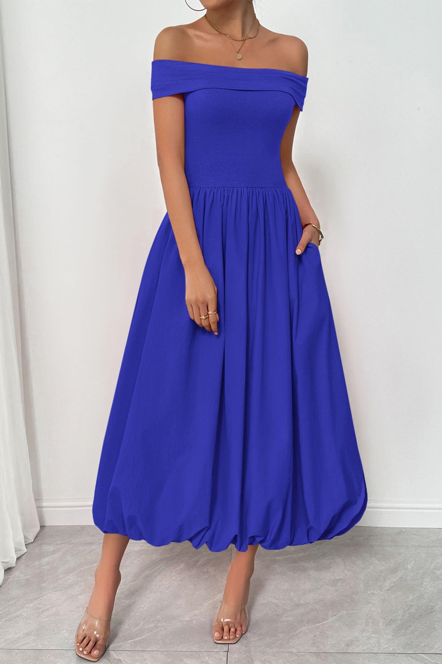 Womens Summer Off Shoulder Sleeveless Midi Dress Cocktail A Line Flowy Wedding Guest Dresses with Pockets