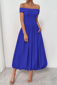 Womens Summer Off Shoulder Sleeveless Midi Dress Cocktail A Line Flowy Wedding Guest Dresses with Pockets